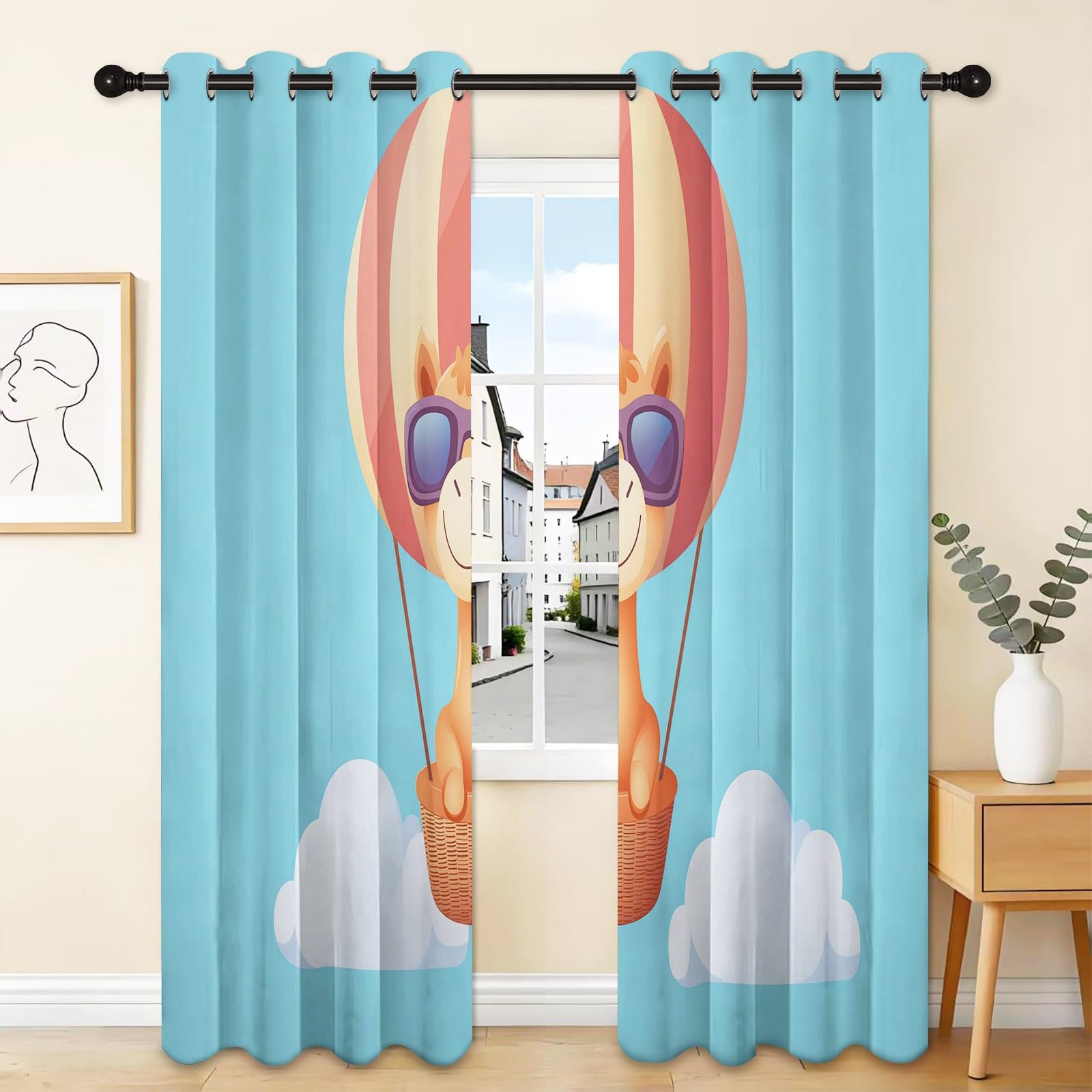 Wielbłąd Balon na gorące powietrze, izolacja termiczna, z oczkami do sypialni, 117 x 229 cm, zasłony do salonu, zaciemniające do wnętrz na okna, niebieski