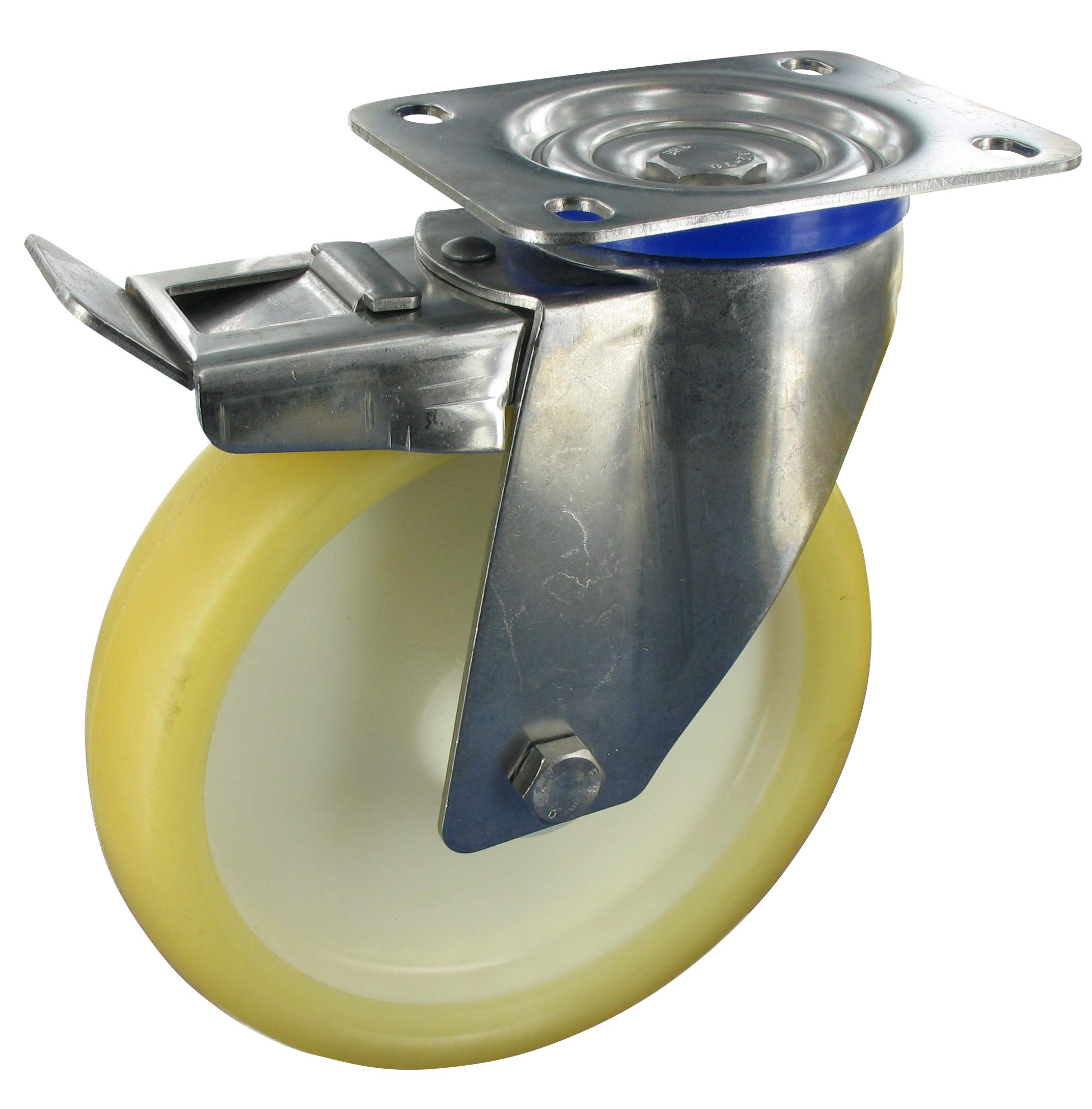 Ruote girevoli in acciaio INOX con fermo, diametro 200 mm, piastra di avvitamento in poliuretano.