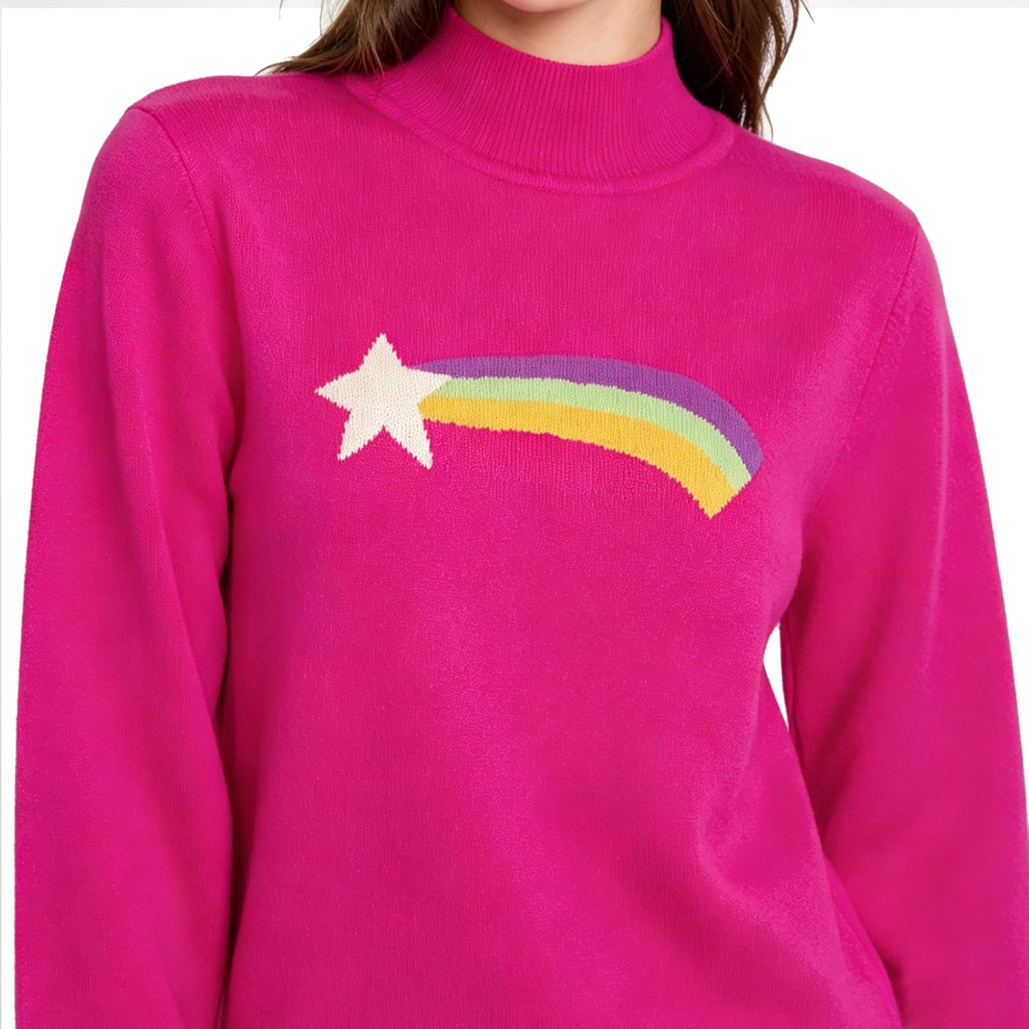 Womens Rainbow Star Pink Knitted Sweater Halloween Long Sleeve Cartoon Cosplay Pines Costume