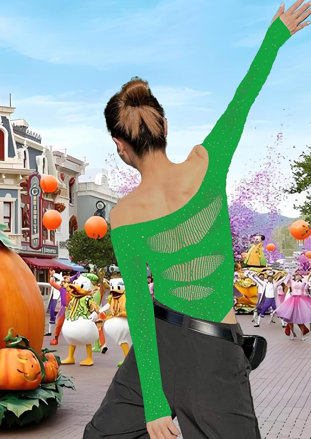 Sparkly Rave Outfits for Women, Sexy Hollow See Through Mesh Fishnet Long Sleeve Rhinestone Bodysuit Tops - Image 5