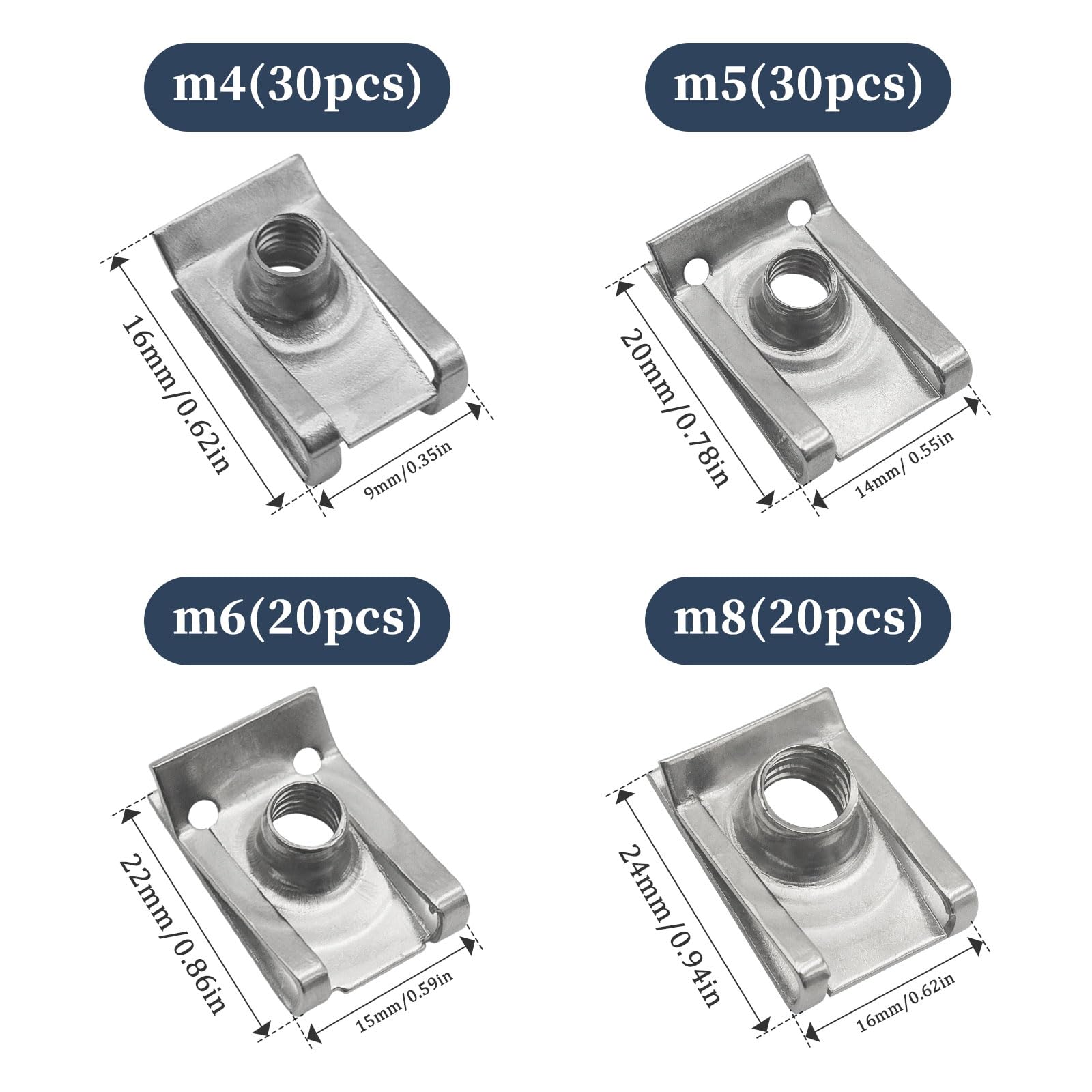 100 pezzi Dadi a U Clip di Fissaggio per Auto Carrozzeria, M4 M5 M6 M8, Set Dado a Clip Filettato in Acciaio Inossidabile, Bulloni Dadi a Clip a U per Carrozzeria