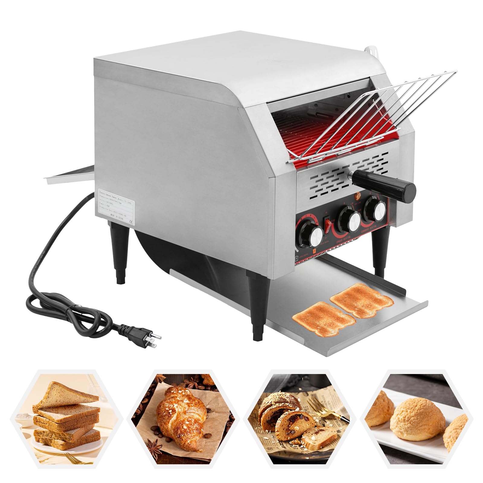 Commercial Toaster, 300 Slices/Hour Conveyor Restaurant Toaster for Bun Bagel Bread Heavy Duty Stainless Steel Conveyor Toaster with 7 Speeds & Dual Output Modes 1900W, 110V/60Hz