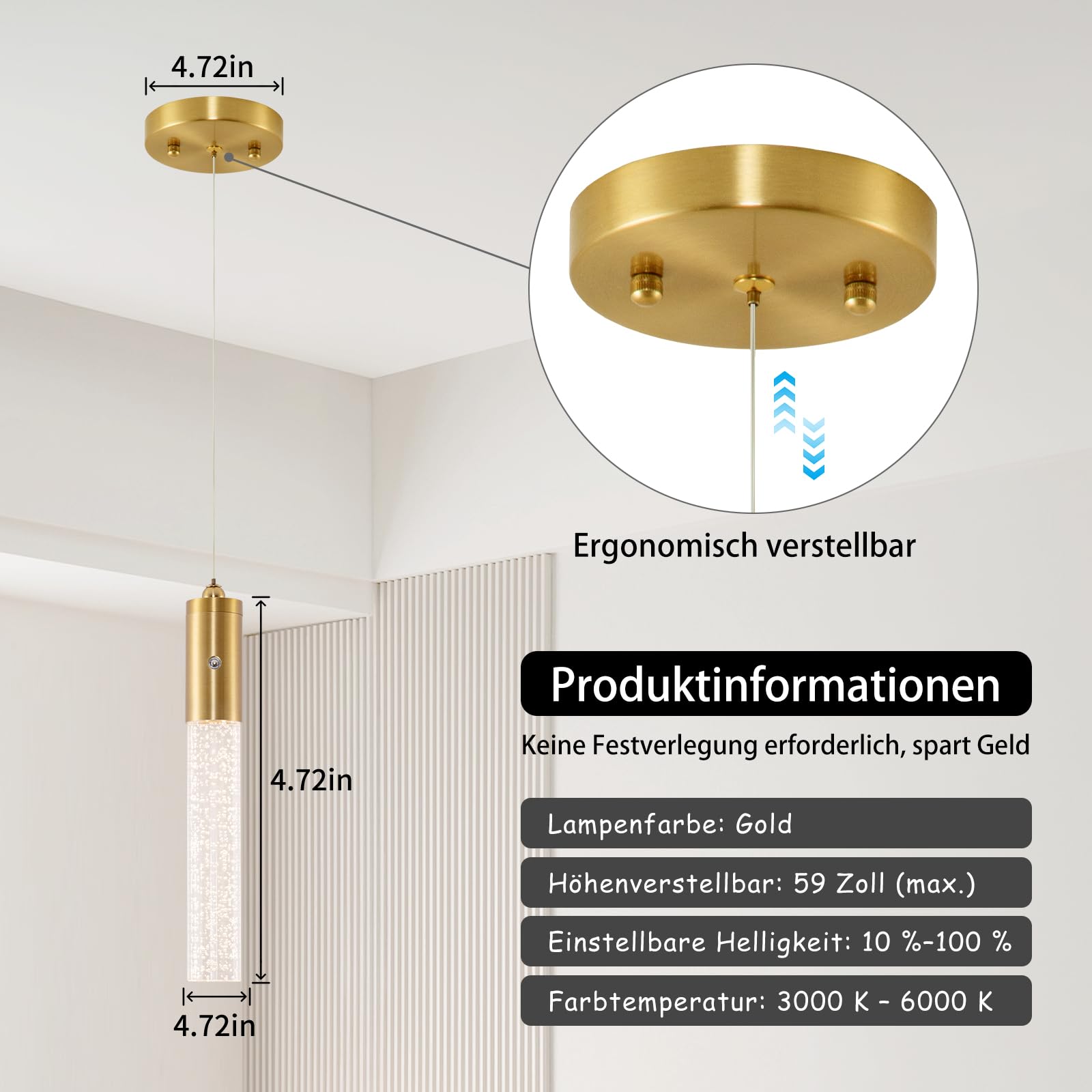 Akku Pendelleuchte Gold Kristall LED Hängelampe mit Batterie,7500mAh LED Hängeleuchte Touch Dimmbar 3 Farben,Höhenverstellbar, Zylinder Pendelleuchte Batteriebetriebene für Nachttisch Schlafzimmer