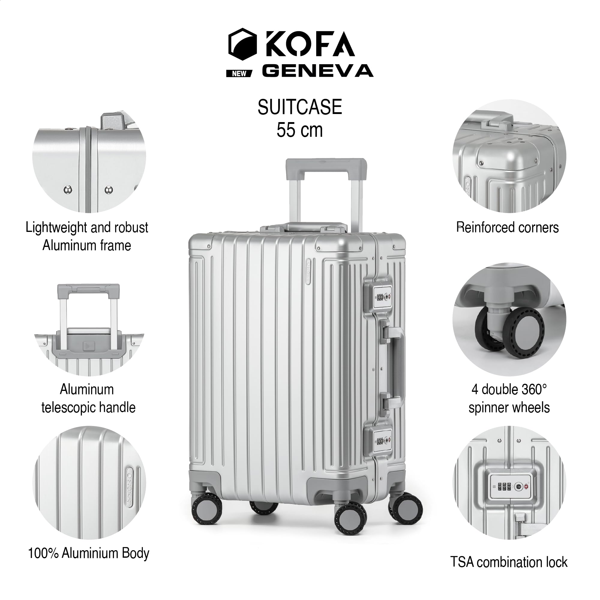 KOFA Geneva Bagaż podręczny, 55 cm, rama aluminiowa i twarda obudowa z poliwęglanu, walizka kabinowa, walizka na kółkach Spinner z 4 rolkami i podwójnym zamkiem TSA, 35 l, srebro, 55x37x23 cm