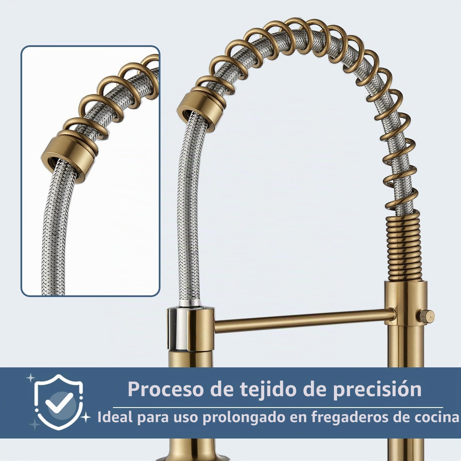 JUNSHENG Mezclador de cocina con alcachofa extraíble, mezclador de cocina giratorio 360°, monomando, acero inoxidable, dorado cepillado