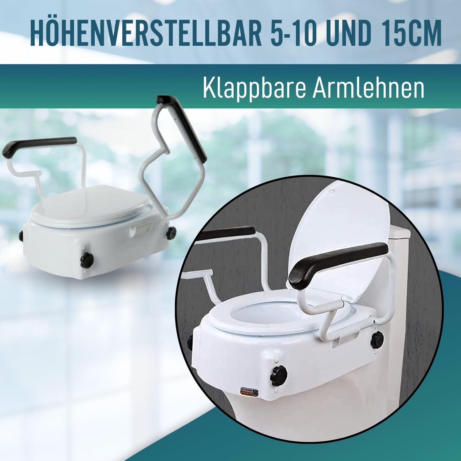 OrtoPrime Toillettensitzerhöhung mit Armlehnen - Höhenverstellbar 5, 10 und 15 cm - WC Sitz Erhöhung mit Absenkbarer Abdeckung - Toillettenaufsatz für Senioren - Sitzhilfe WC