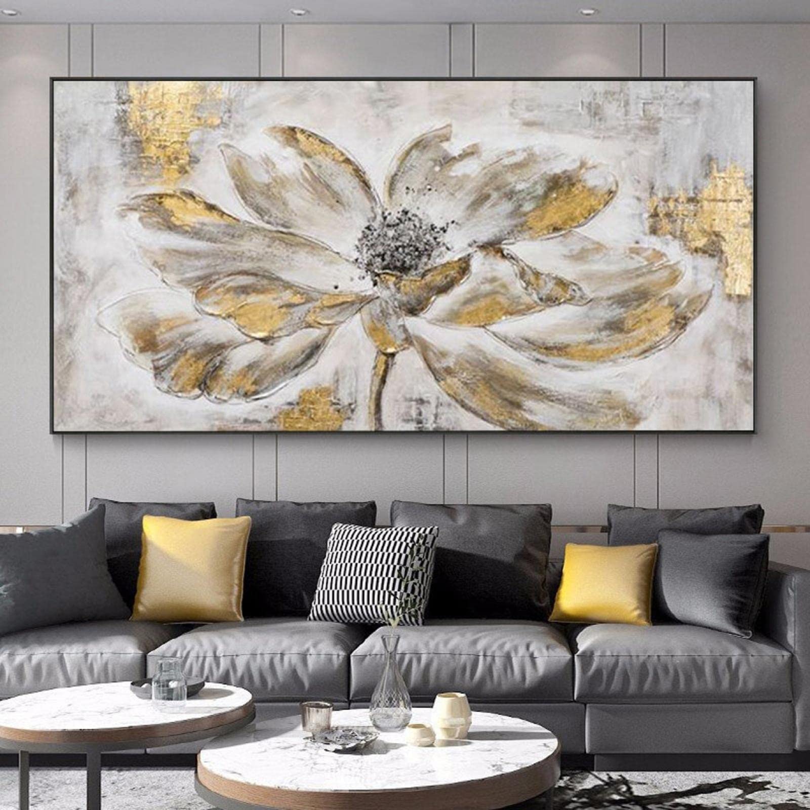 Große Blattgold-Blumen-gerahmte Wandkunst-Ölgemälde-abstrakte graue Blumenkunst-Malerei-Goldfolien-Wand-Kunst-moderne Hauptdekor-30x60cm(12x24in) mit Rahmen