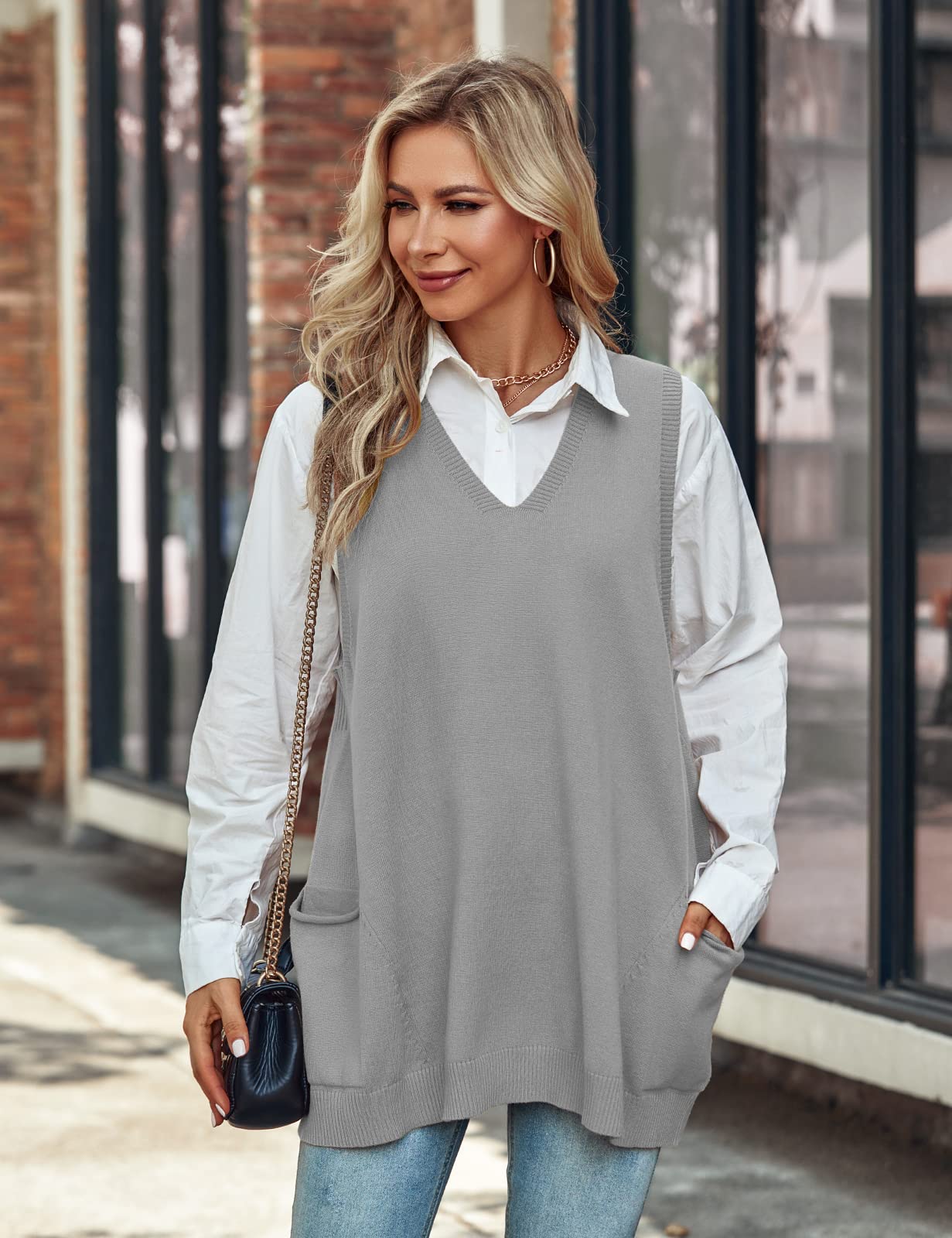 Niwicee Maglione Gilet Donna Scollo a V Pullover Maglione Senza Maniche,Autunnale Invernale Maglioni Oversize Tinta Unita mit Taschino,Cotone Top Smanicato Gilet in Maglia Elegante