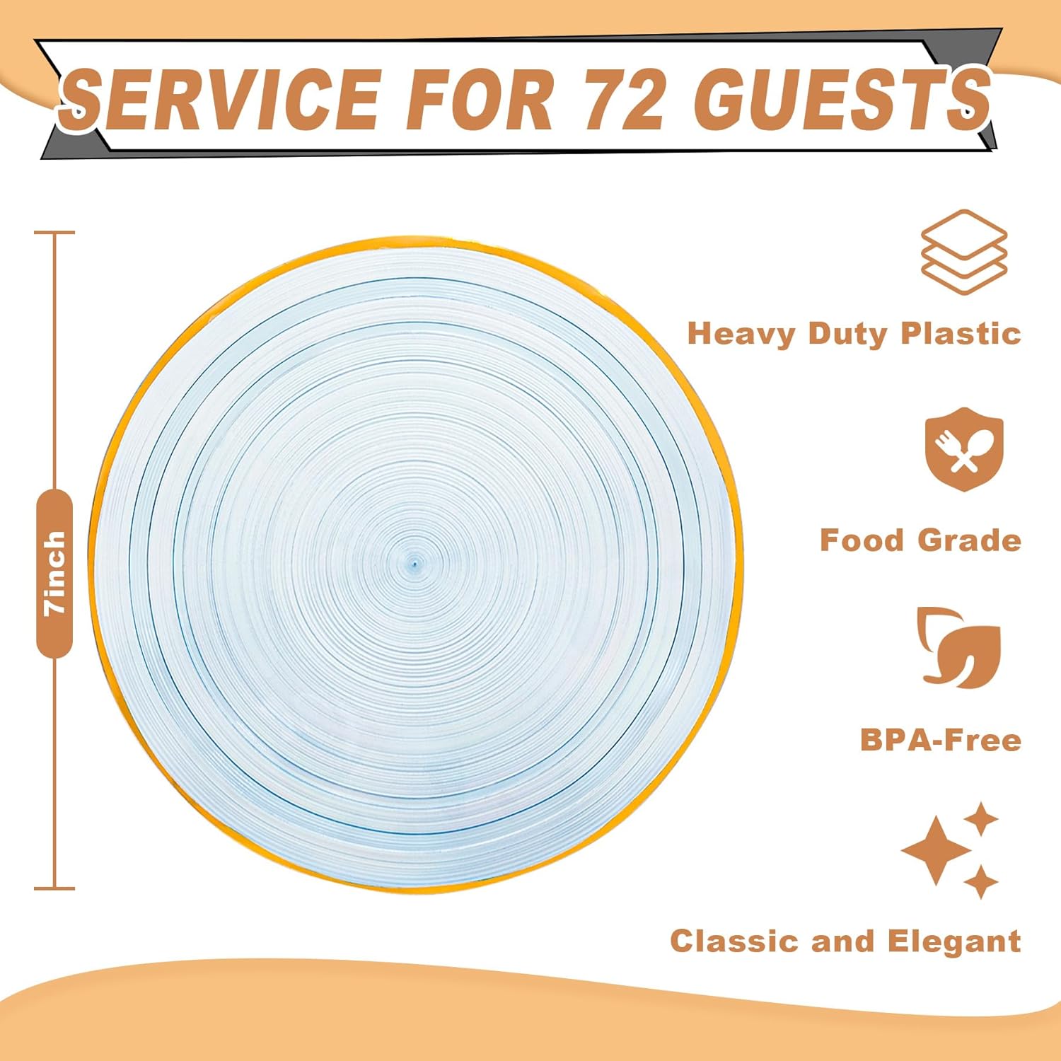 72Pcs Transparent Blue Plastic Plates, Wave Edge Crystal Design Disposable Heavy Duty Dessert Plates with Gold Rim, 7in Round Fancy Salad Plates for Wedding Party