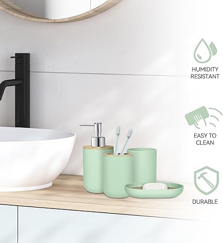 Miniatura 7 de Juego de 4 accesorios de baño verdes, accesorios de baño verdes, dispensador de jabón de plástico y soporte para cepillos de dientes, jabonera y