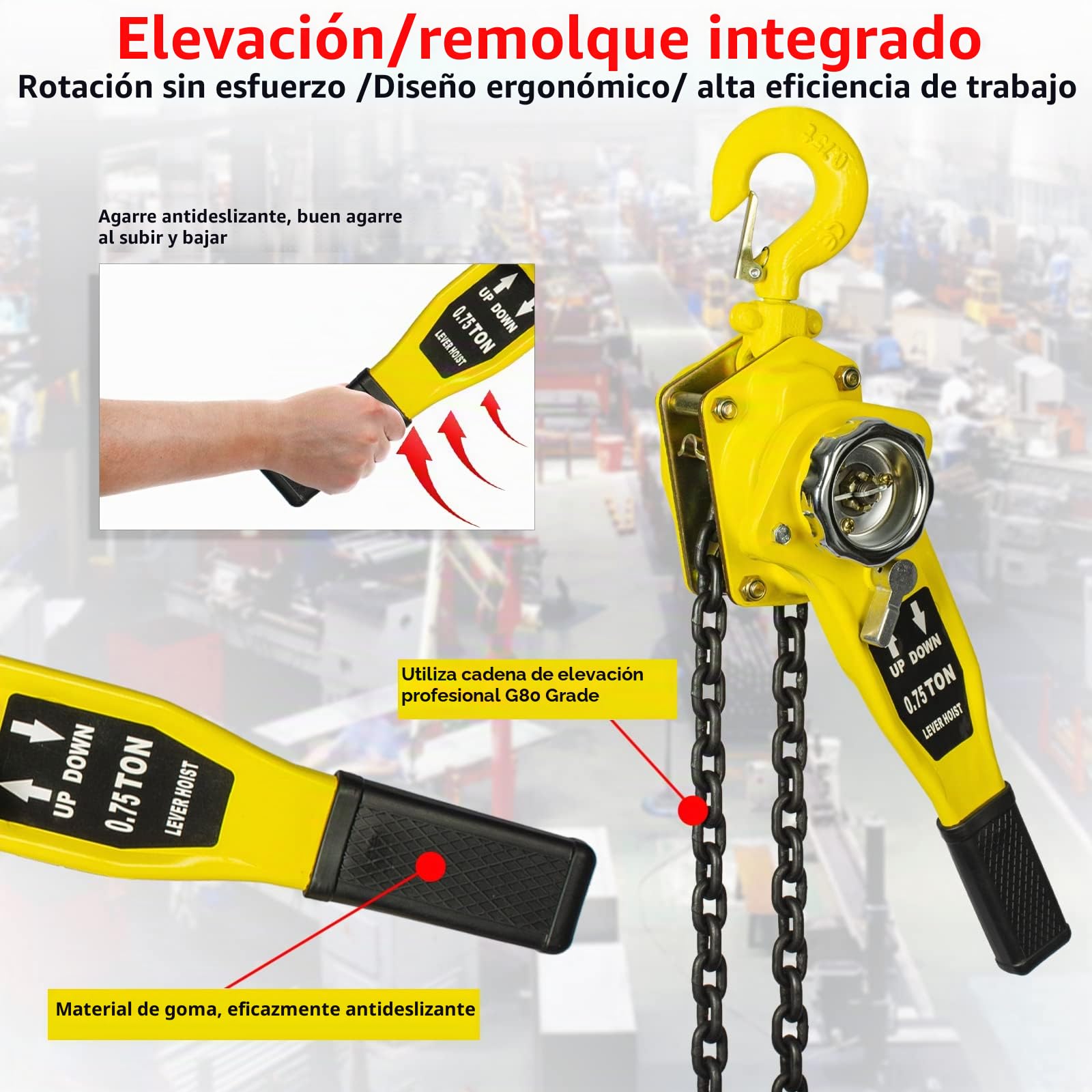 OUUTMEE Polipasto de cadena manual de cadena de bloqueo 0,75T polipasto de cadena con rodillo de tracción para garajes de almacén