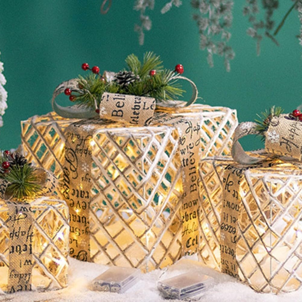 Scatole natalizie luminose in tre pezzi, con copertura in peluche e fiocco argentato per feste in casa e giardino (bianco curry)