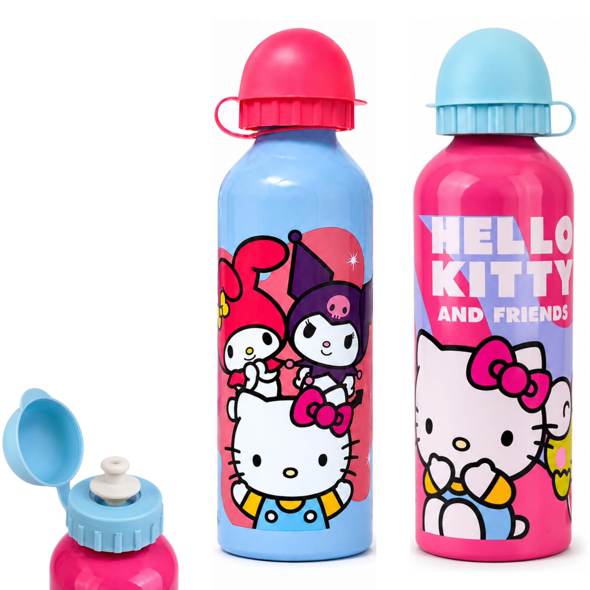 SRV Hub 2x Hello Kitty Pink & Sky Blue Aluminium Water Bottle Set 500ml Kids Reusable Character Drinks Bottle Pack School Gift