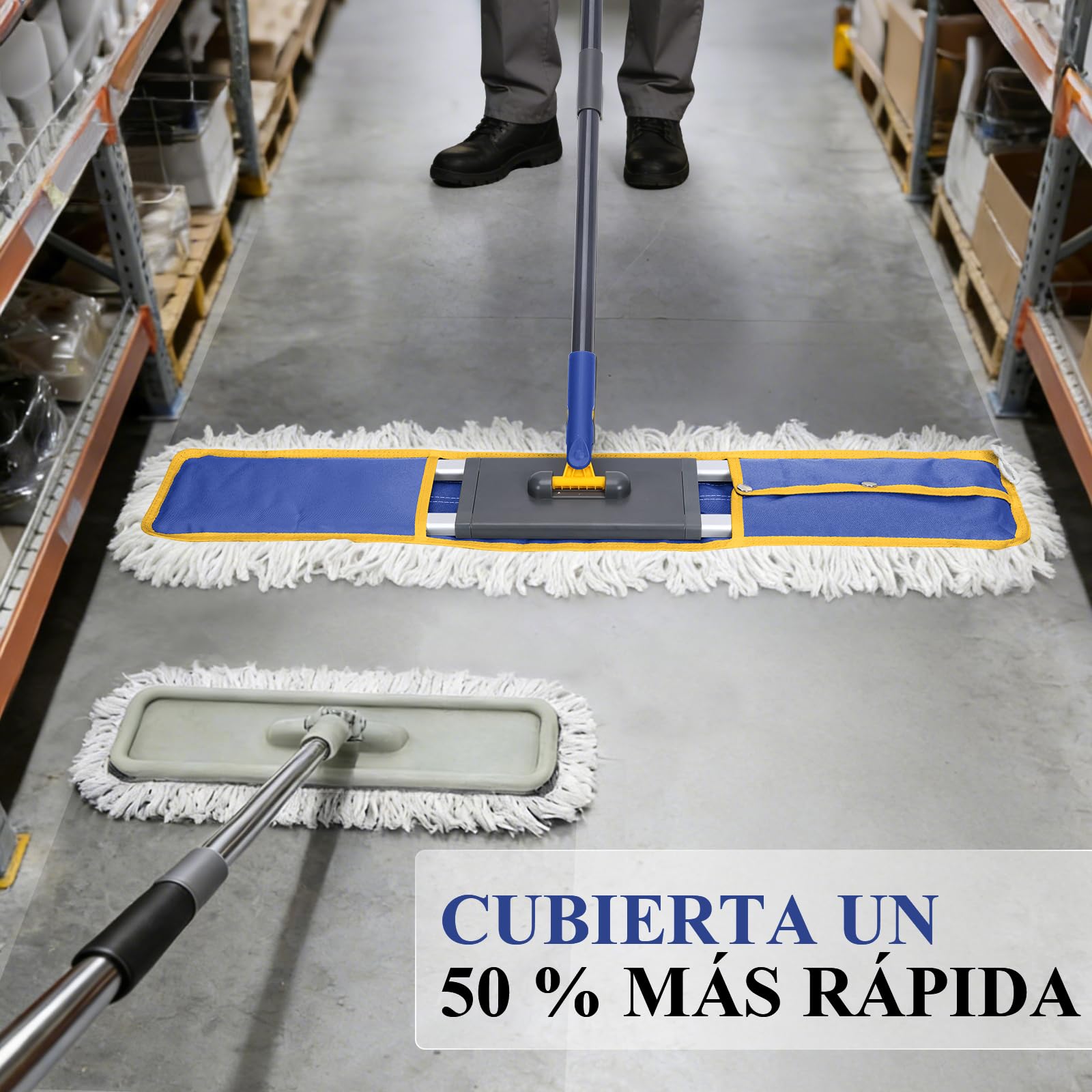 Masthome Juego de Mopa Profesional de 90 CM de Ancho, Fregona Profesional con Mango Alargado, Fregona Plana Industrial Ligera con Cabezal y 3 Almohadillas para Mopa, para Hotel, Centro Comercial