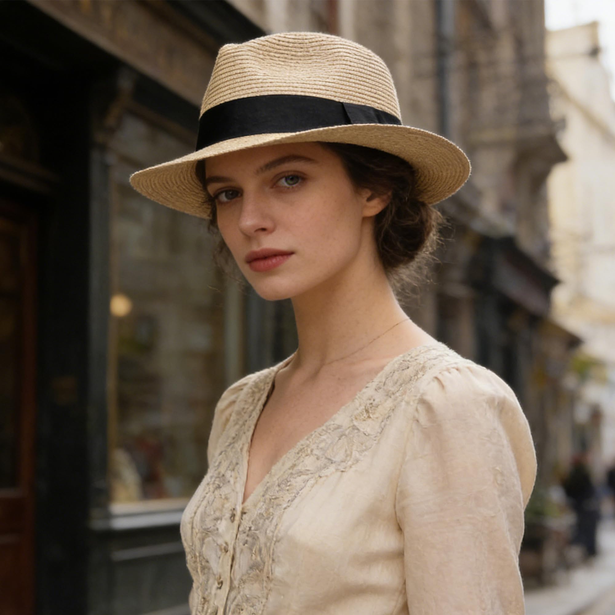 Wildarms Sombrero Fedora de Paja para Mujer, Estilo panamá, Sombrero de Verano con Banda Negra, Ligero y Transpirable