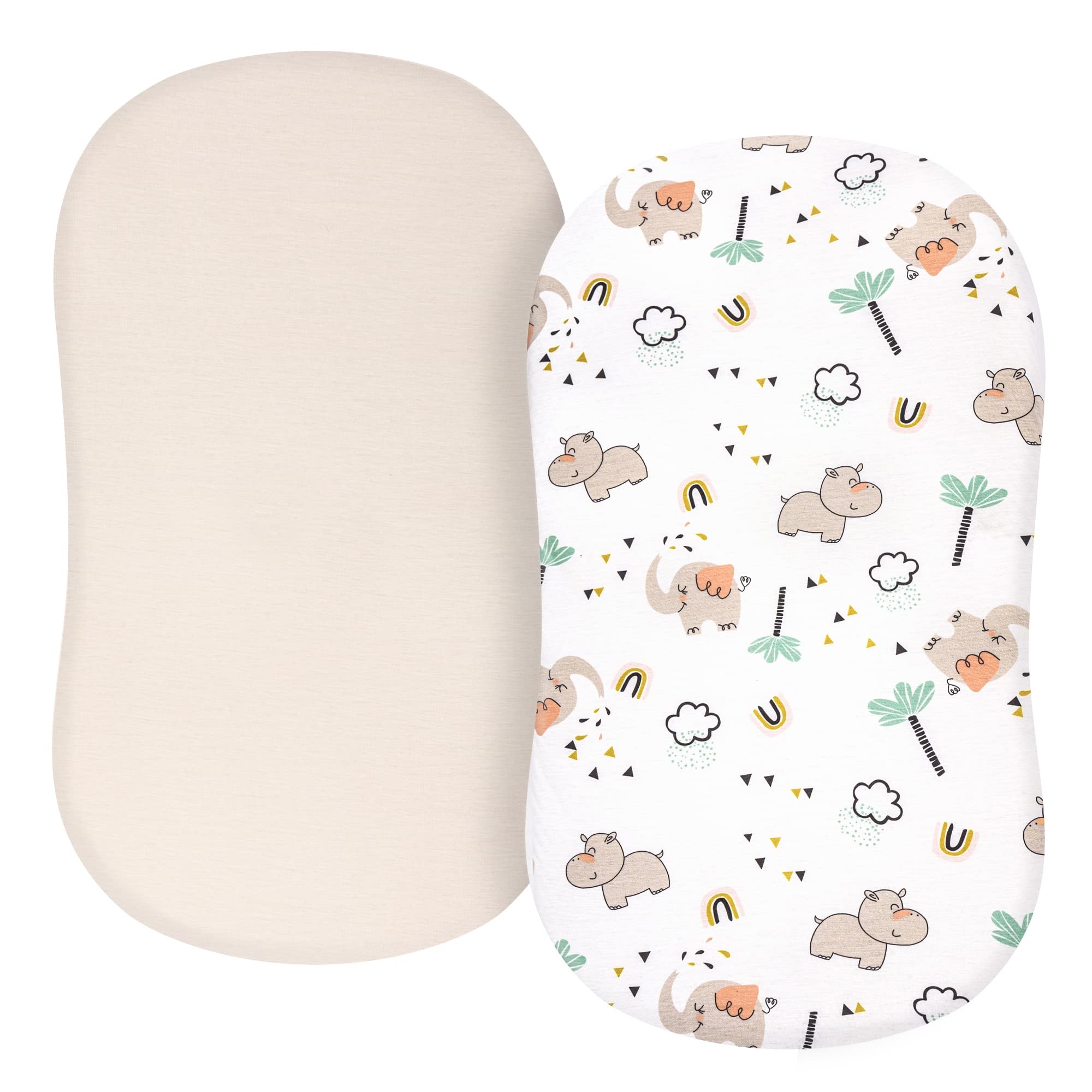 TILLYOU Bassinet Fitted Sheets for Baby Boy Girl, Universal Fit for Cradle Oval Rectangle Hourglass Mattress, 2-Pack Happy Forest & Nude
