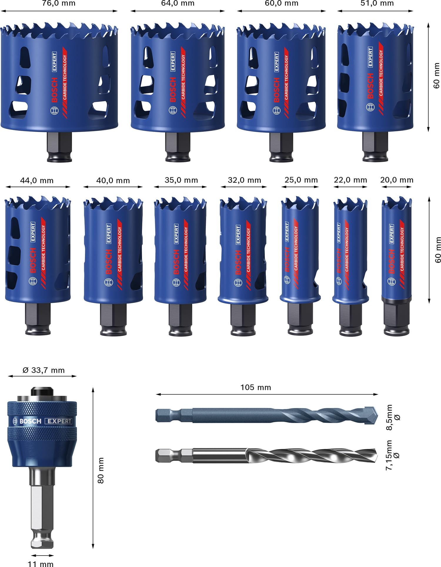 Bosch 14x Zestaw uniwersalnych otwornic EXPERT Multi Material PC Plus (do Drewno z metalem, Cegła, Ø 20, 22, 25, 32, 35, 40, 44, 51, 60, 64, 76 mm, Professional Akcesoria Wiertarki)