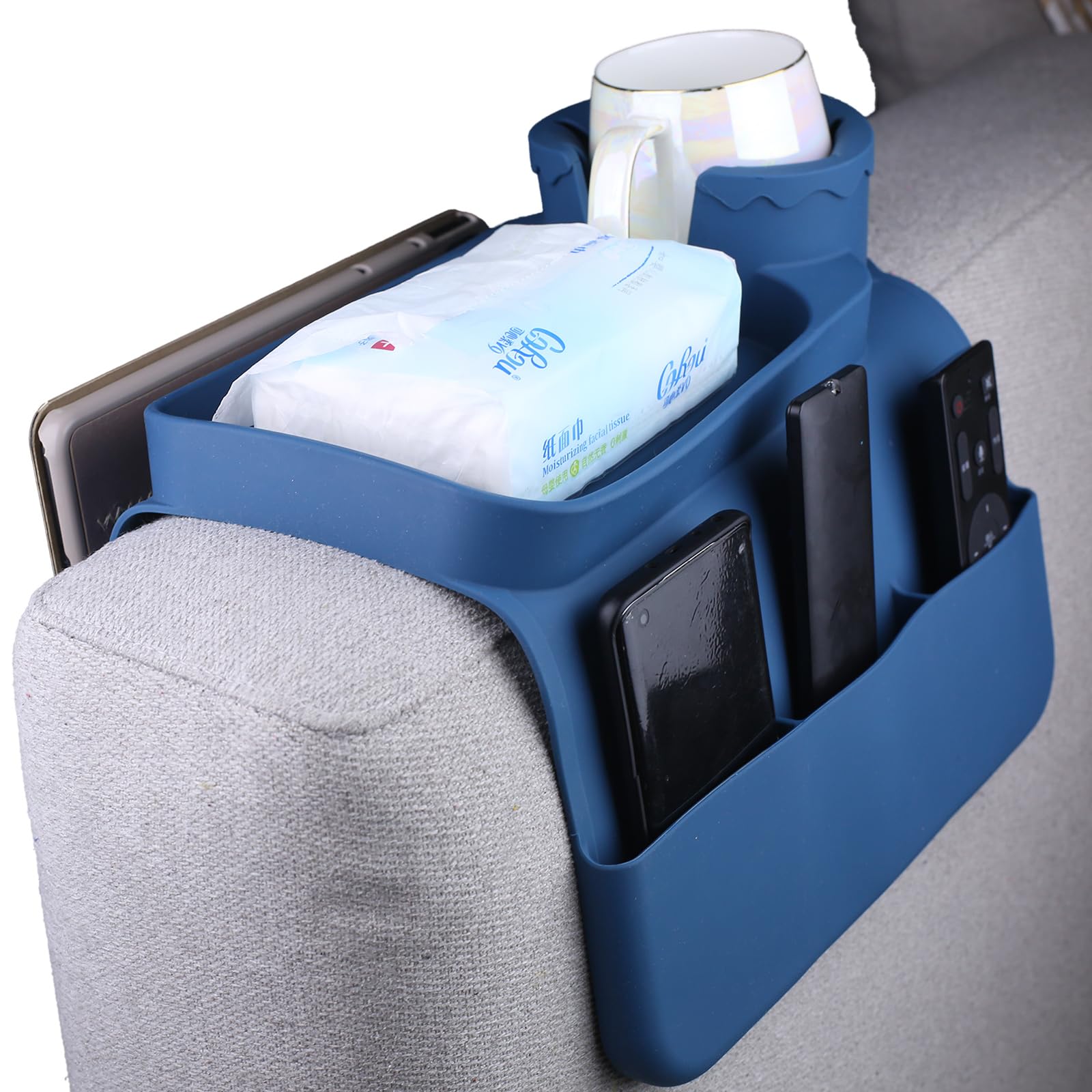 DLBTWDOYLS Silicone Sofa Cup Holder Tray, Non-slip Sofa Armrest Cup Holder with Side Pockets, Multi-functional Sofa Armrest Organiser, for Mobile Phones, Snacks, Various Cups ﻿ (cyan)