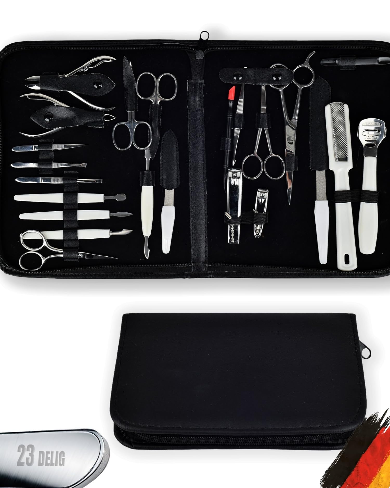 GGS Juego de manicura y pedicura de 23 piezas – Juego de cuidado de uñas de acero inoxidable en estuche negro con cremallera con tijeras, cortaúñas, pinzas para la piel, pinzas, lima y raspador de