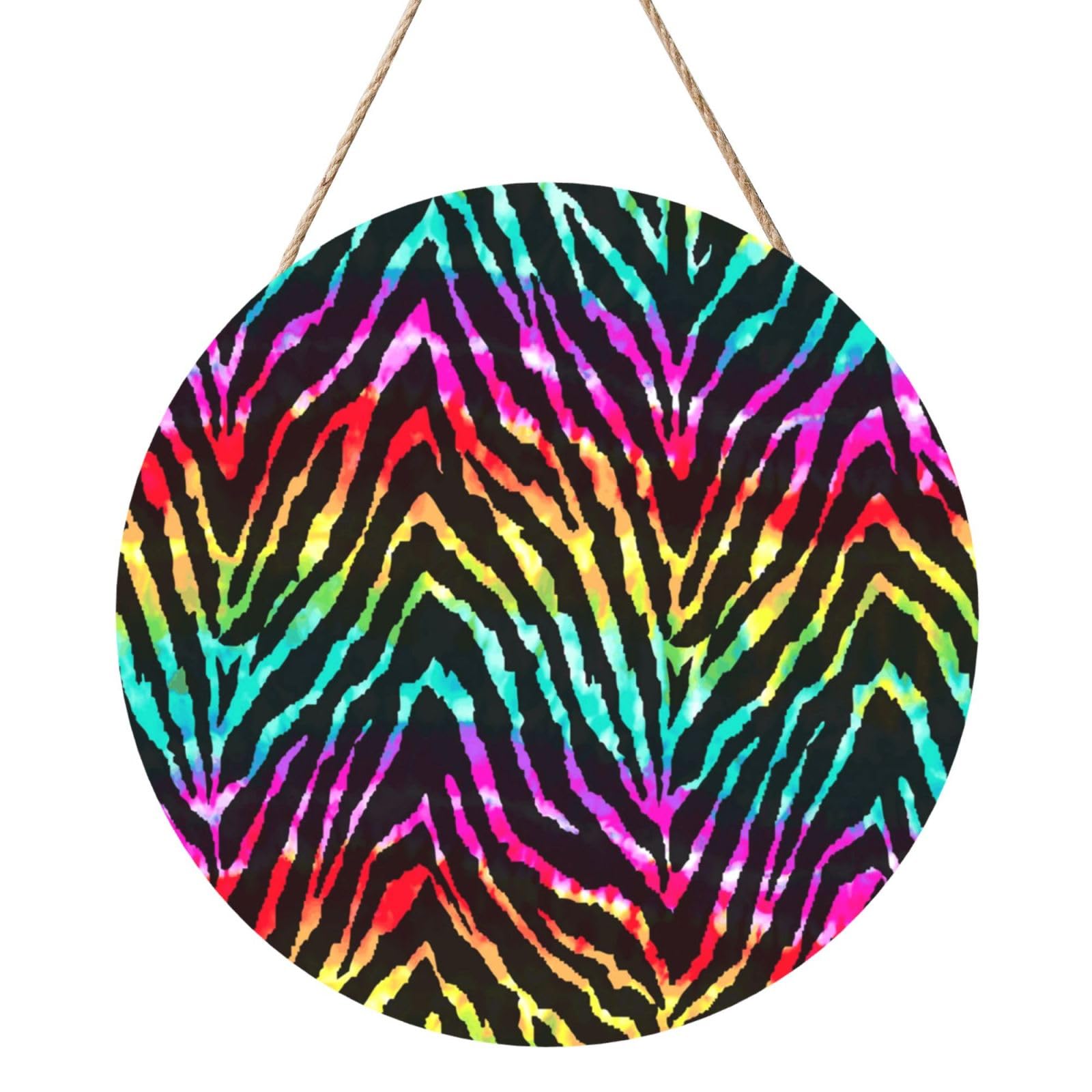 InOmak Colorful Rainbow Zebra, Round Wood Panel Painting 12 in, Wall Hanging Painting For Home