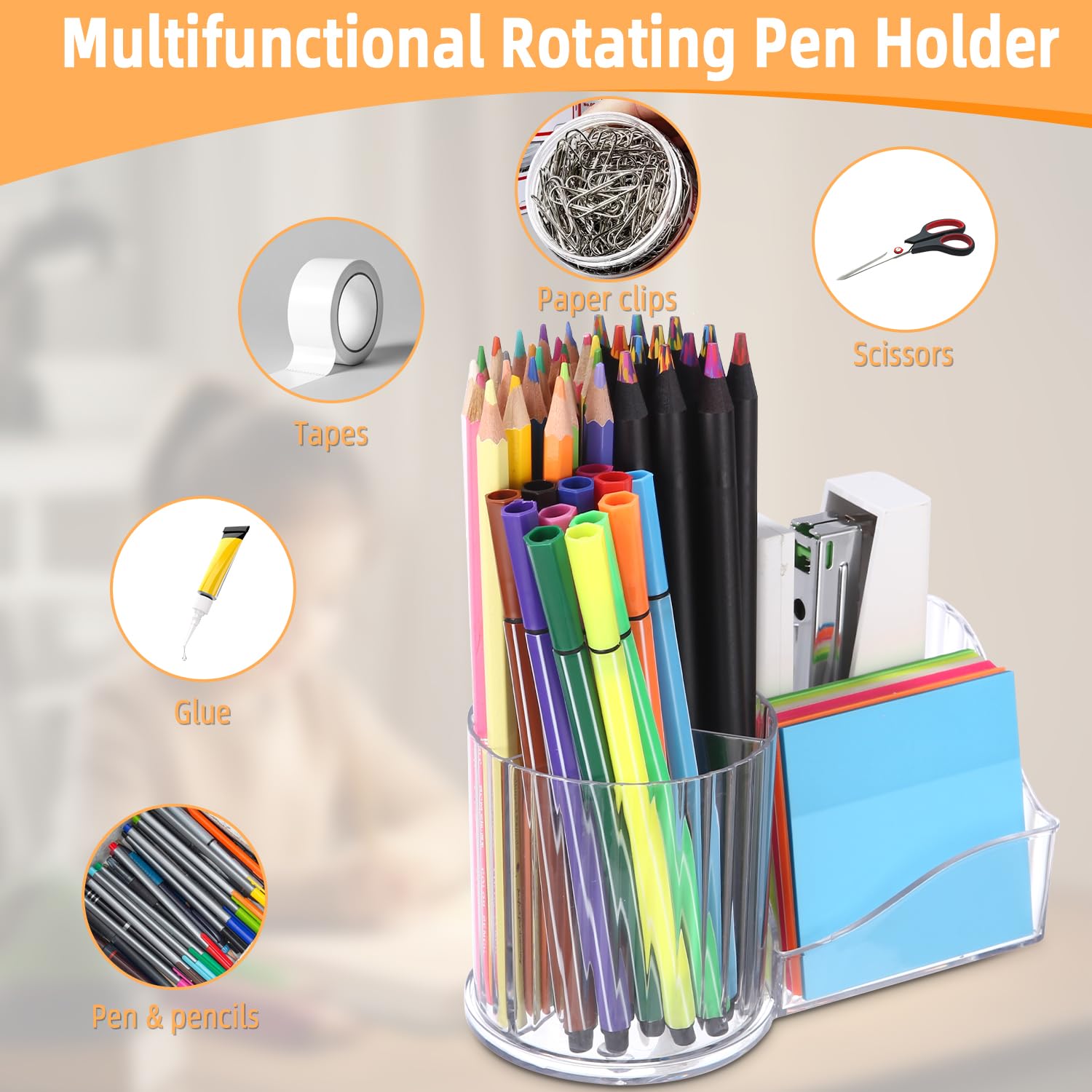 Portapenne Girevole 360° - Organizer Da Scrivania Con 5 Scomparti Trasparente - Foto 7