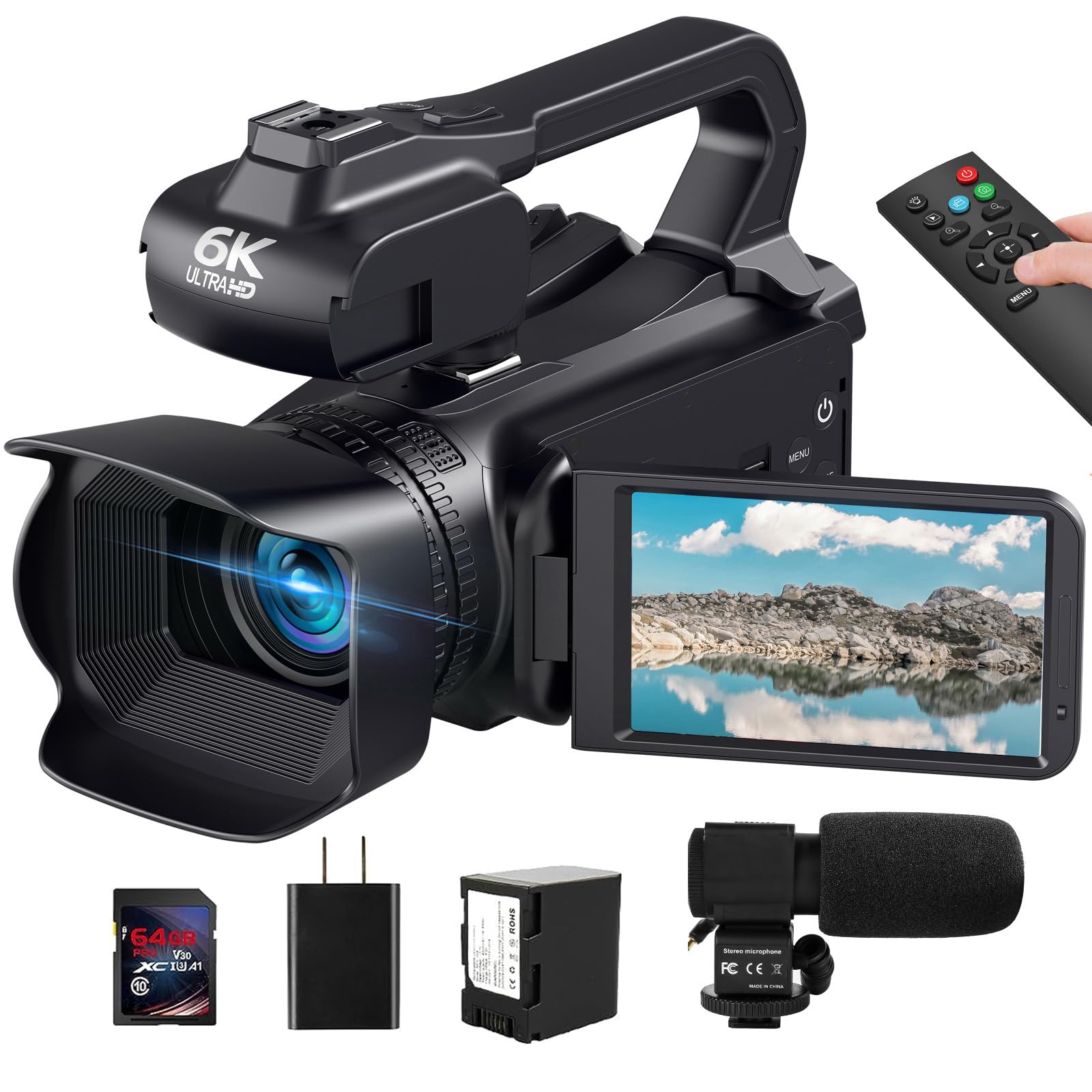 6K 64MP Camcorder Video Camera IR Night Vision Vlogging Camera for YouTube 18X Digital Zoom 4.0" Touch Screen Digital Camera with WiFi, Microphone, Charger, Stabilizer, Remote Control and 64GB SD Card