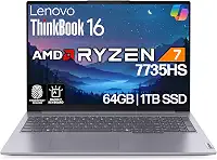 Lenovo ThinkBook 16 G7 Business Laptop, 40.6 cm FHD+, AMD Ryzen 7 7735HS, 64GB DDR5, 1TB NVMe, WiFi 6E + BT, Backlit KB, leitor de impressão digital, webcam HD, Win 11 Pro