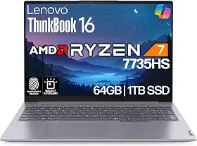 Lenovo ThinkBook 16 G7 Business Laptop, 40.6 cm FHD+, AMD Ryzen 7 7735HS, 64GB DDR5, 1TB NVMe, WiFi 6E + BT, Backlit KB, leitor de impressão digital, webcam HD, Win 11 Pro