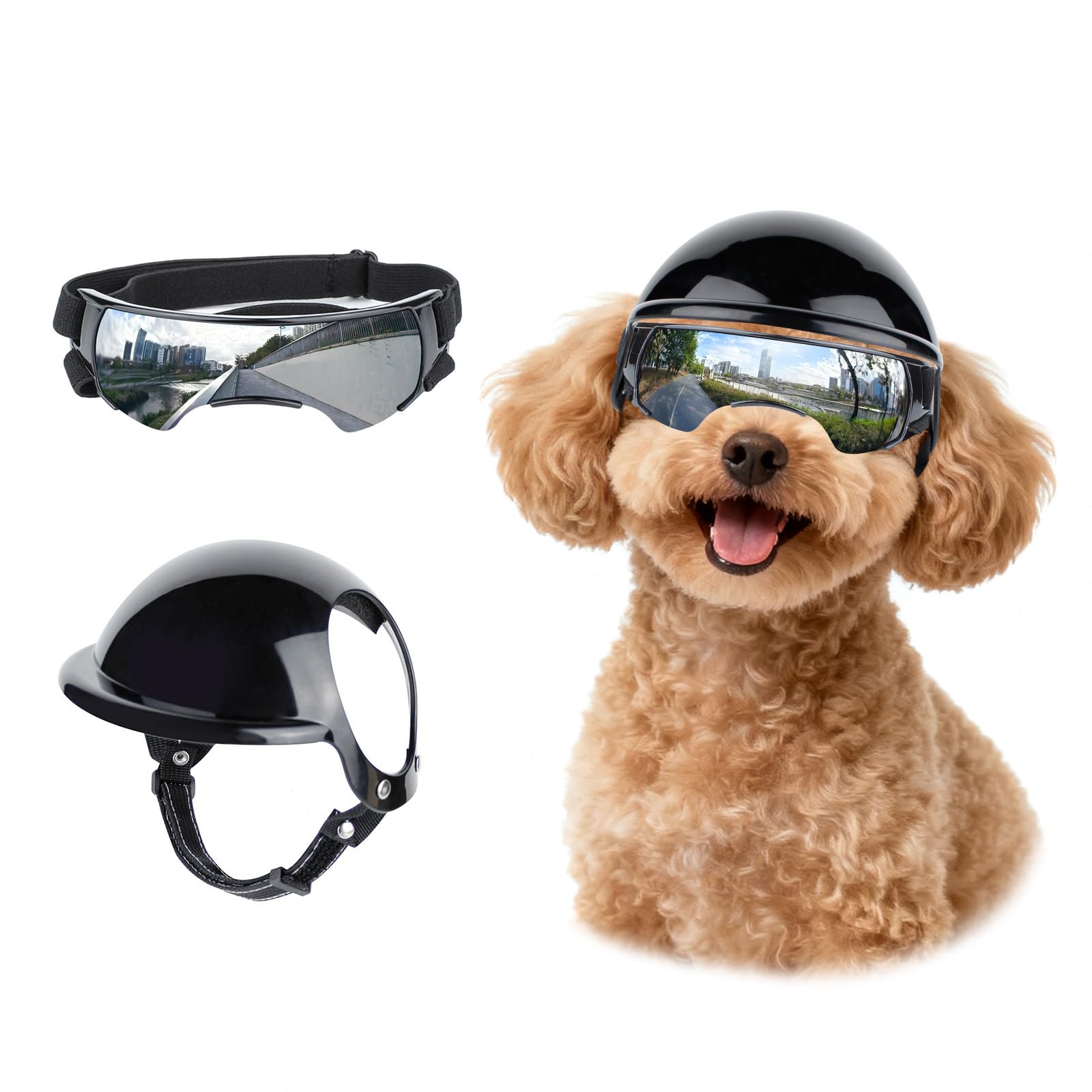 LESYPET Casco e occhiali per cani di piccola taglia, protezione UV, occhiali da sole per cani, protezione per gli occhi, casco da moto con foro per le orecchie, set di occhiali e casco per cani