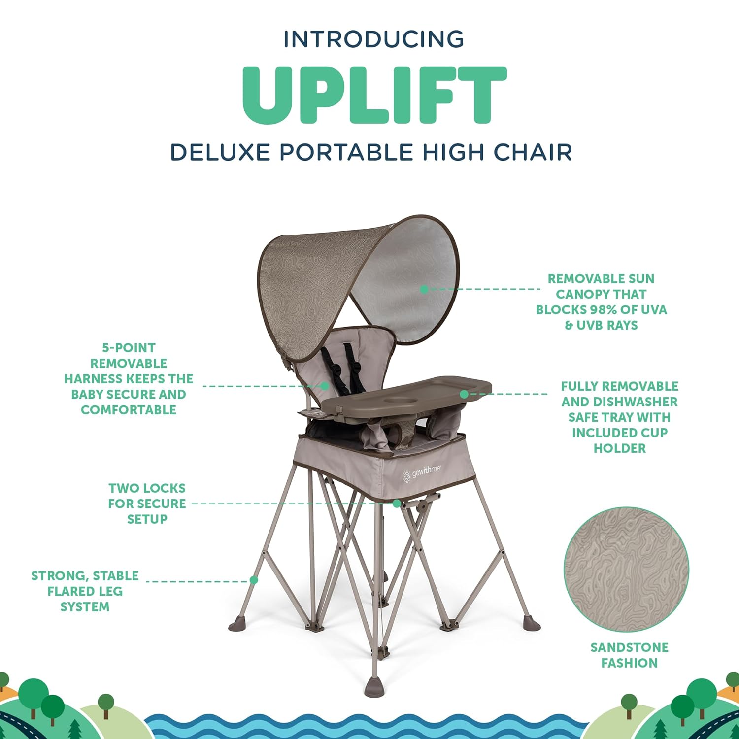 Baby Delight Go with Me Uplift Deluxe Portable High Chair | Travel High Chair | Sun Canopy | Indoor and Outdoor | Sandstone