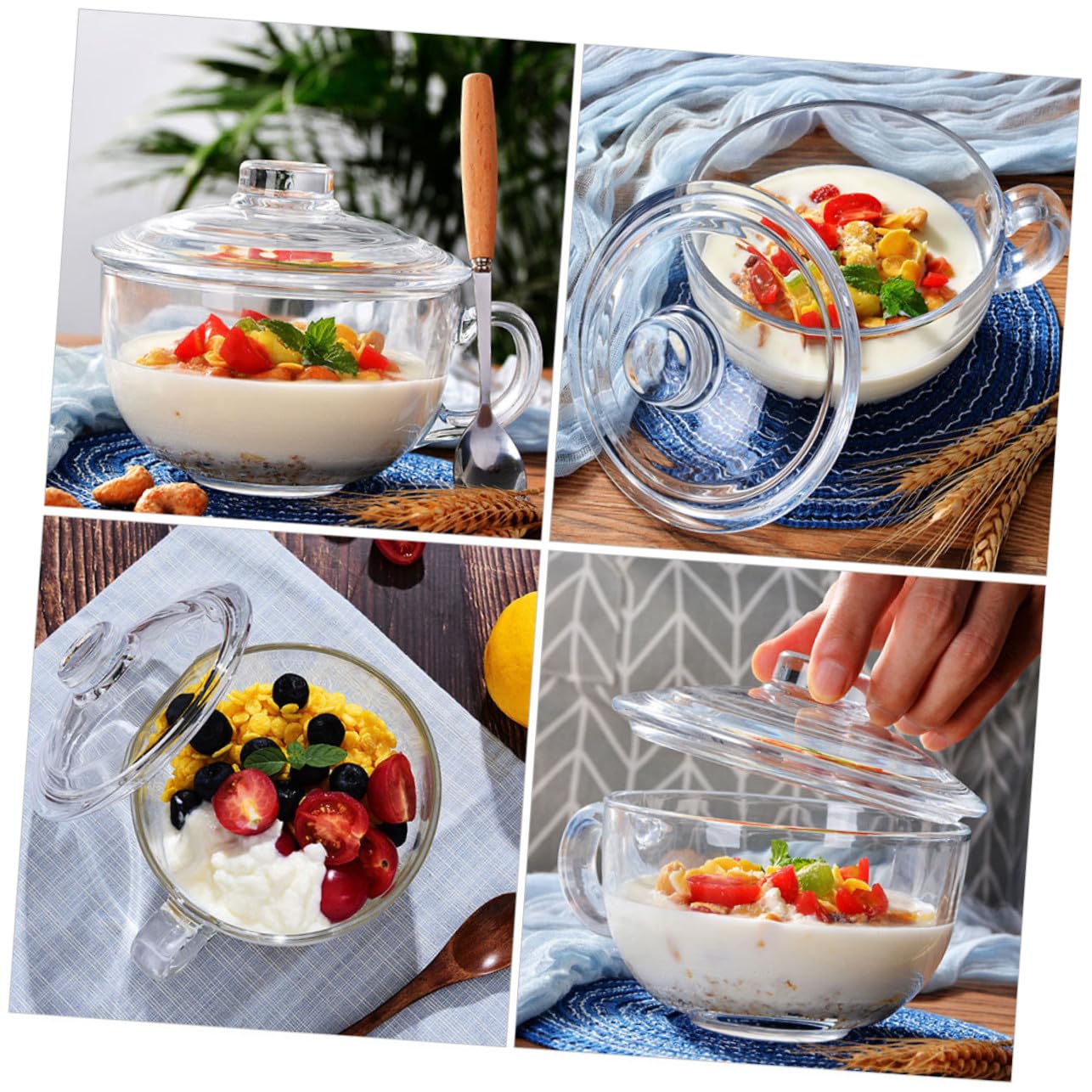 Alipis Tazón de Vidrio Transparente de 600ml con Tapa y Asa para Desayuno o Ensalada, Recipiente Creativo y Funcional para Uso Doméstico
