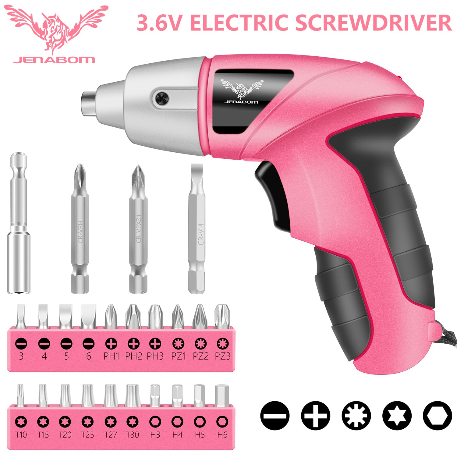 JENABOM Electric Cordless Screwdriver, 3.6V Rechargeable Screwdriver, 3.5N.m Max Torque, LED Light, 24 Pcs - Image 2