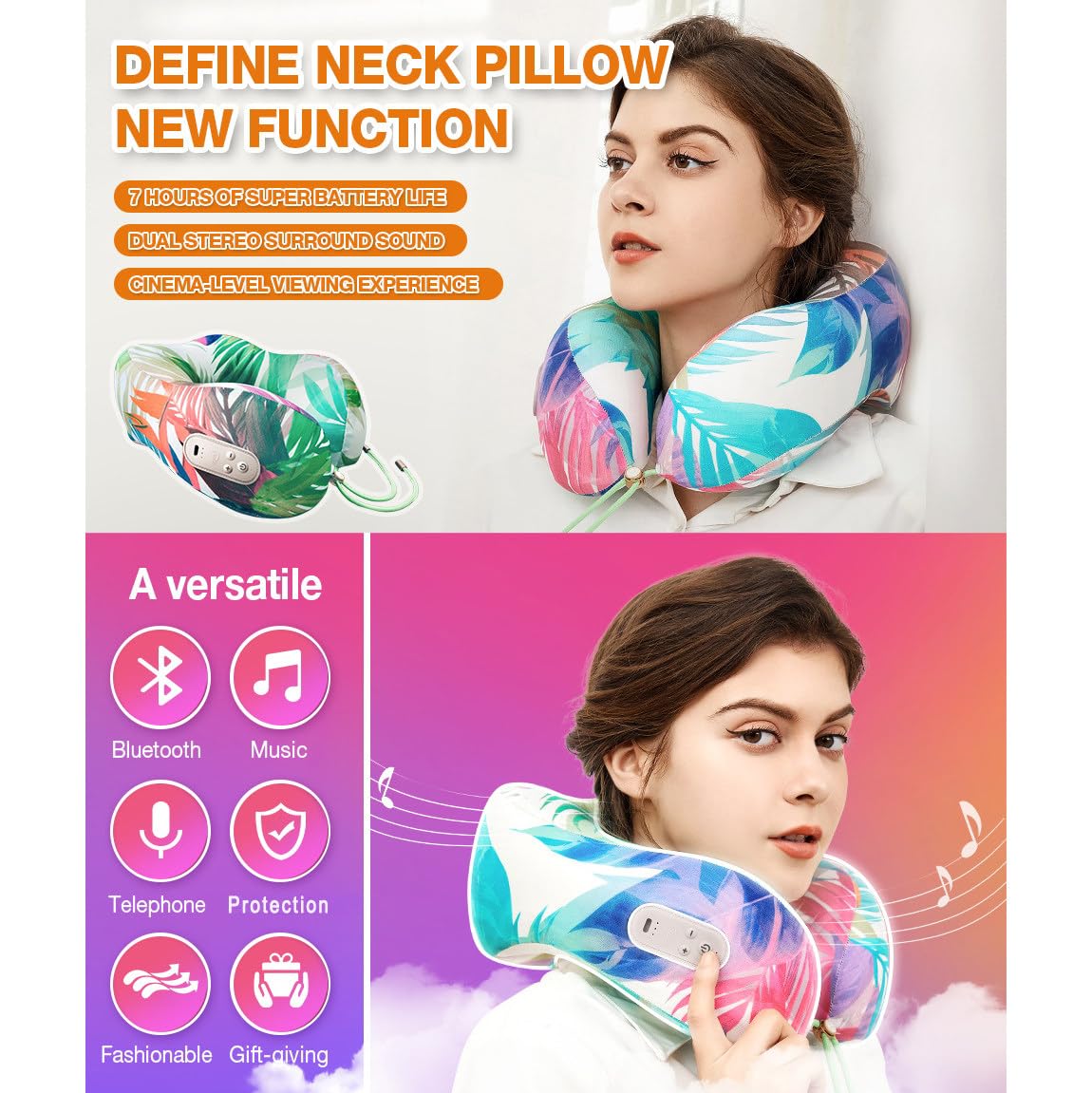 Poduszka podróżna, poduszka na szyję Bluetooth z dźwiękiem stereo 360°, wielofunkcyjna, bezprzewodowa poduszka do odpoczynku i słuchania muzyki, idealna do podróży