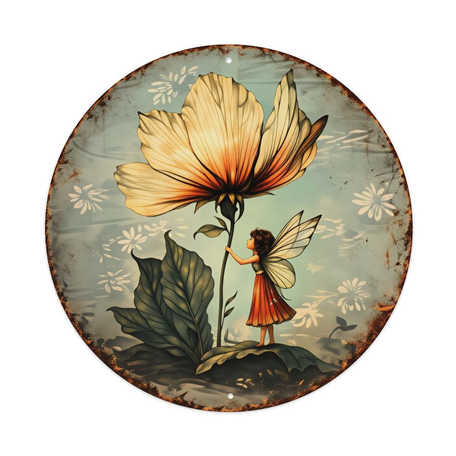 Wmlzdnwr Vintage Fairy Holding Giant Flower With Wings And Leaves Round Tin Sign,Retro Wall Art,Metal Poster For Home, Bar, Garage, Cafe, Rustic Indoor & Outdoor Decor, 8X8 Inches