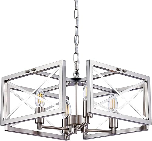 Miniatura 8 de Szleomay Candelabro moderno de níquel cepillado, 4 lámparas de araña para comedor con marco cuadrado de metal, altura ajustable, accesorios de