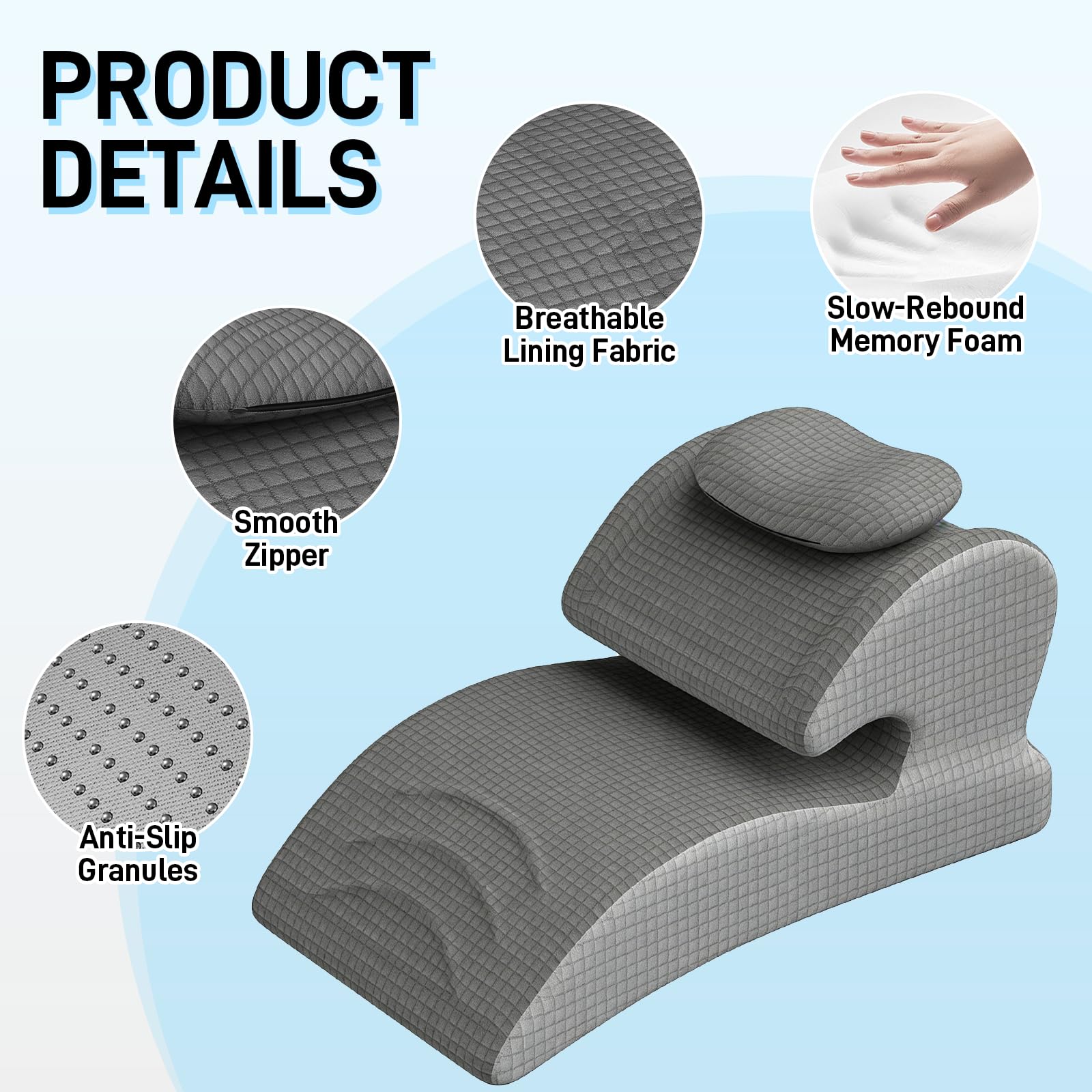 JAOGAUS Cuscino a cuneo Memory Foam, Supporto schiena ergonomico letto | Cuscino inclinato ergonomico per letto e divano con supporto testa rimovibile, ideale per schiena, collo, gambe e lettura