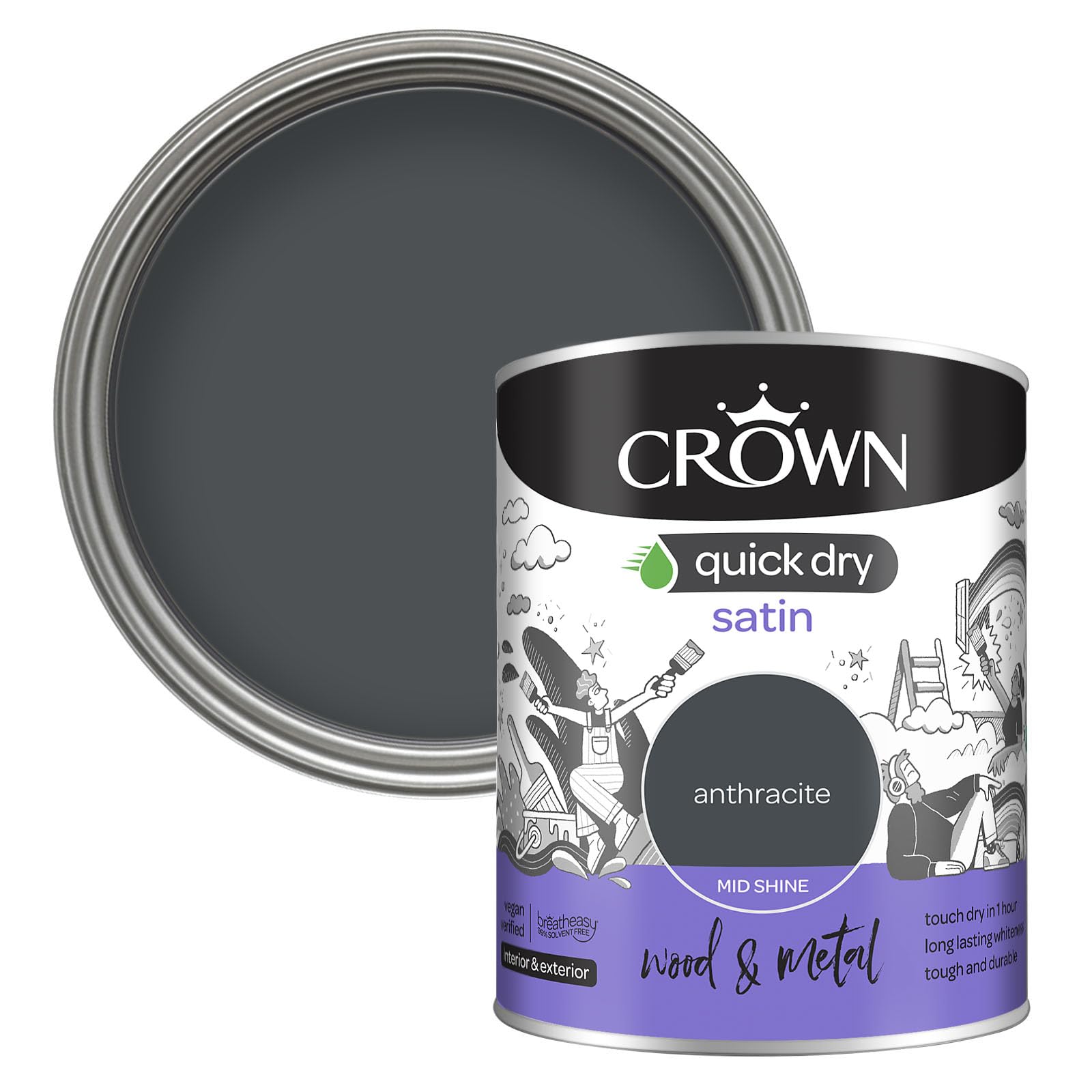 Crown WOOD & METAL Anthracite Grey Paint Satin - Doors & Furniture 750ml