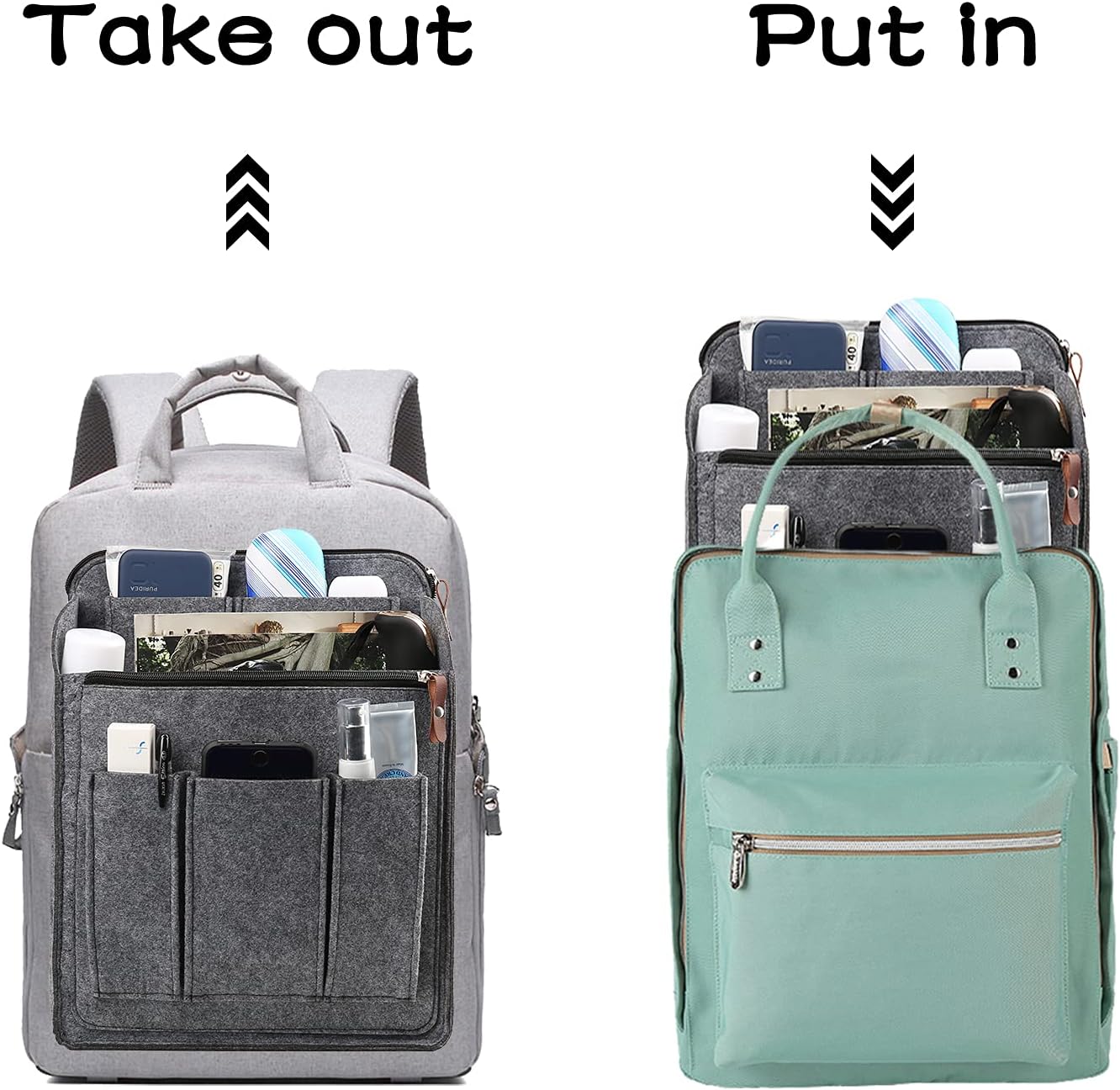 Surblue Felt Backpack Organizer Insert for Travel Rucksack and Daypack, Bag Insert Liner Pocket with Zipper, Large Capacity Divider Foldable Shoulder Bag Organizer for Men and Women, (Grey, XL) - Image 7