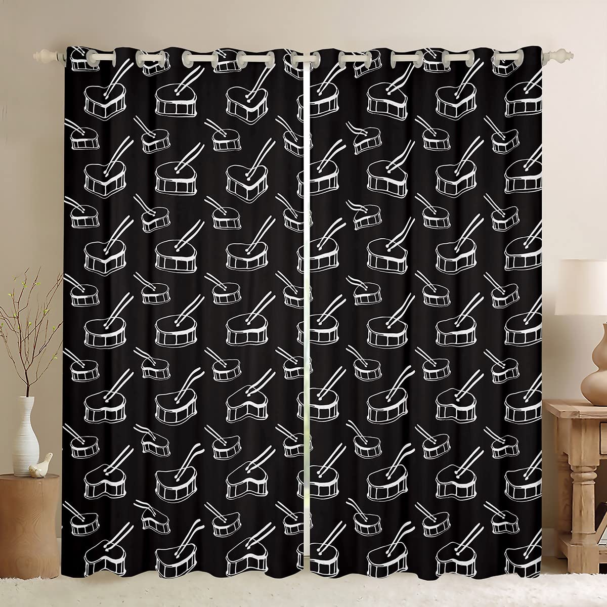 Rock Music Dreapes Cool Drum Kit Tende per camera da letto, bambini, ragazze, adolescenti, strumento musicale kawaii, tende oscuranti (30% -50%) Hip Hop bianco e nero per finestre W52 x L90