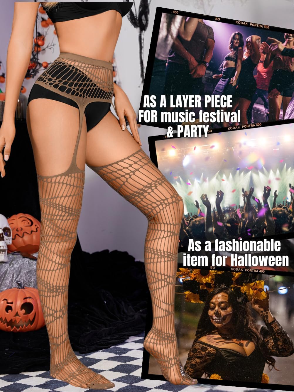 Ripped Tights,Goth Fishnets Stockings With Garter,Punk Rave Outfits For Women Concert - Image 5