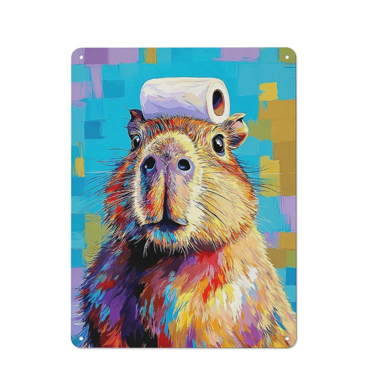 Junmoney Colorful Capybara With Toilet Paper Roll Rustic Tin Sign 40X30cm For Living Room Or Hallway, Suited To Living Room Decor Lovers