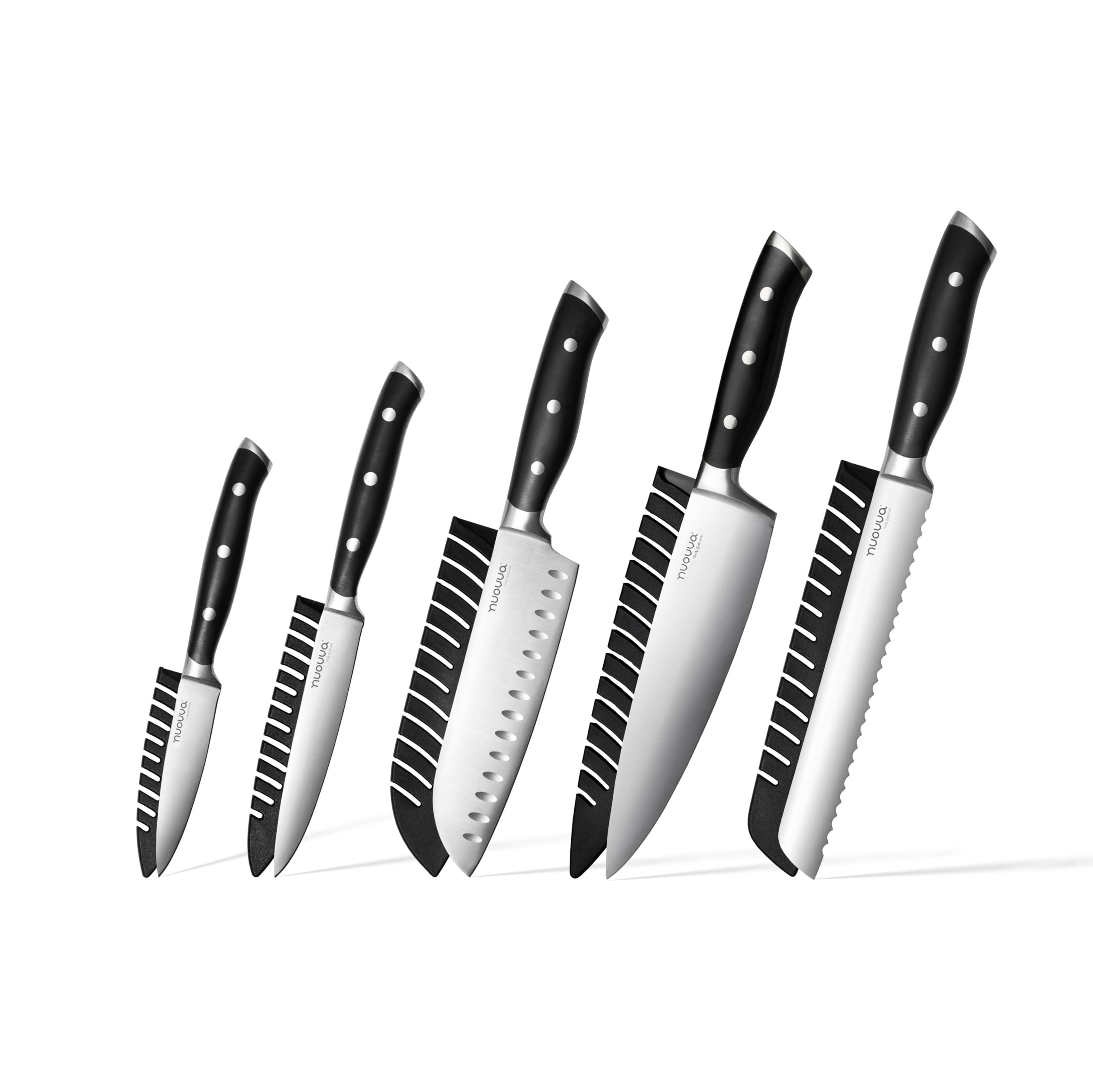 nuovva Sharp Kitchen Knife Set – 5pcs High Carbon Stainless Steel Set – Chefs, Bread, Santoku, Paring & Utility Knives – Durable Kitchen Knife Collection