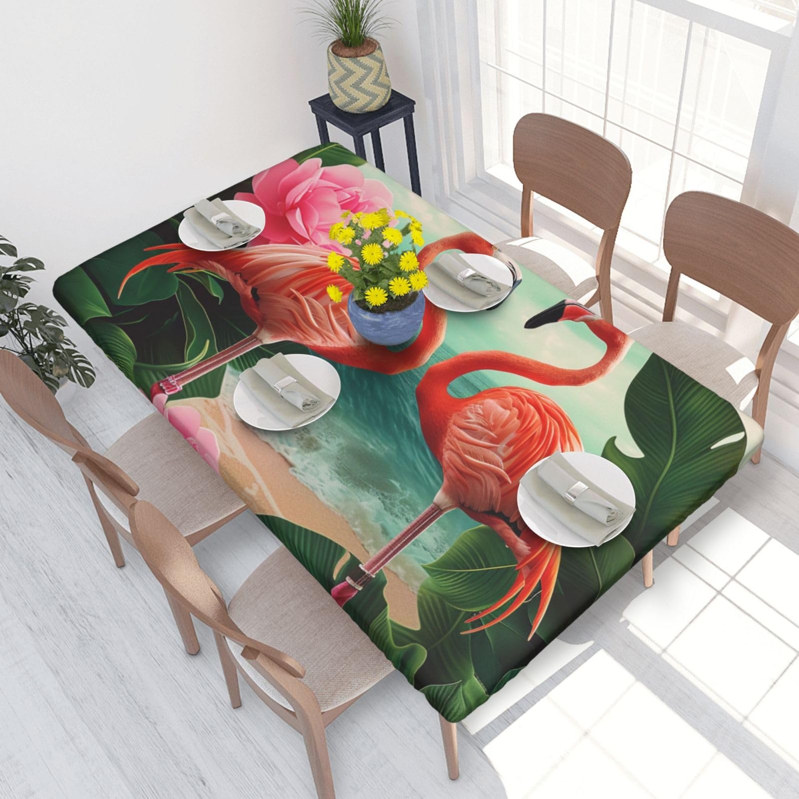 DCARSETCV Two flamingos Printed 4FT Waterproof Tablecloth with Elastic Edged Protect & Decor Your Table, Oil-proof Washable Table Cloth Cover for Dinner Picnic Party