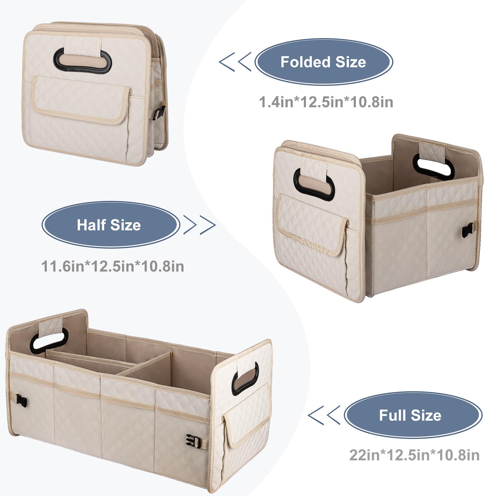 JiatuA Car Trunk Organizer for SUV, Car Storage Organizer Collapsible Multi Compartment Container Box Adjustable Car Accessories for Women Men, Beige