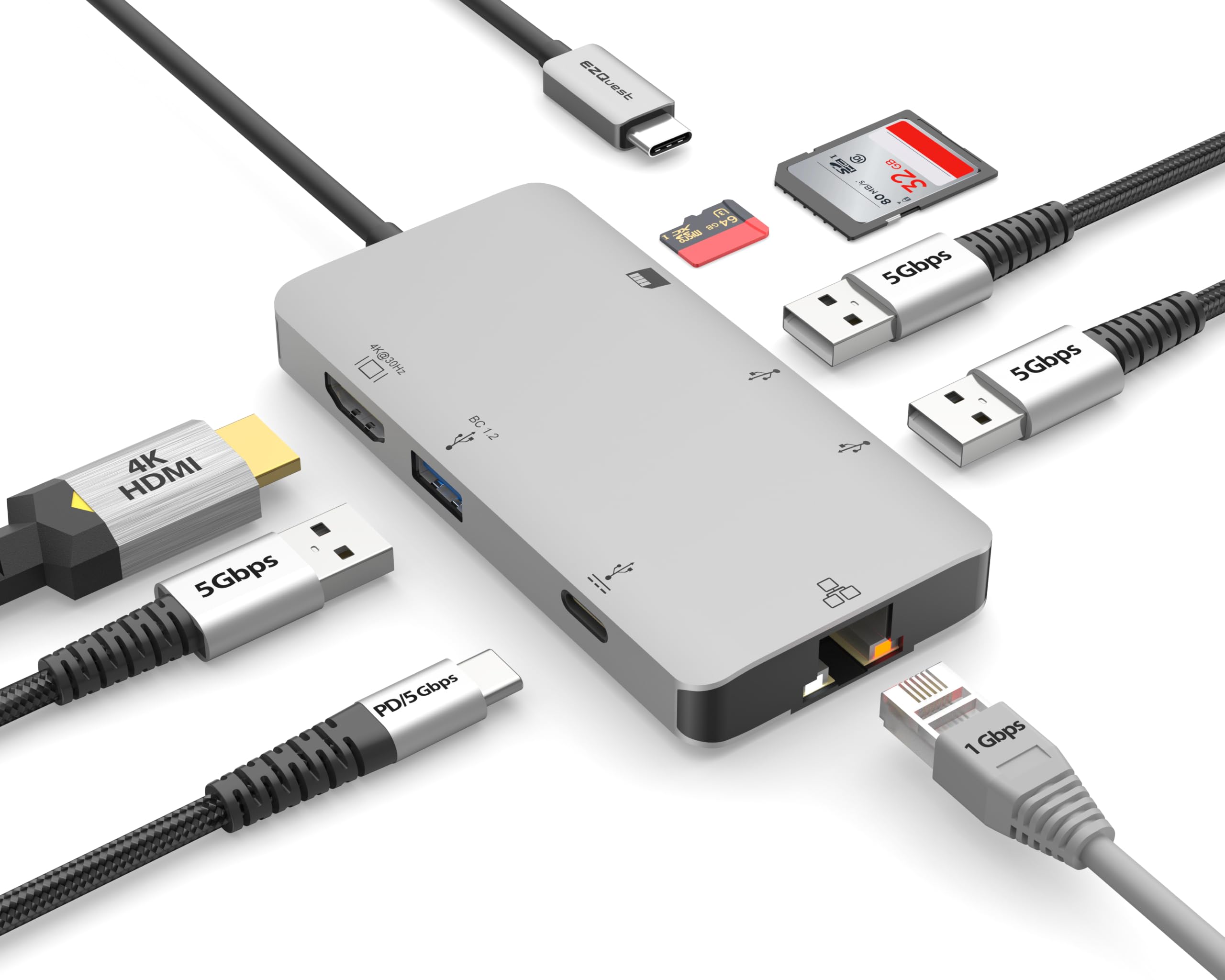 8-portowy koncentrator multimedialny USB-C (HDMI 4K 30 Hz, 100 W USB-C PD 3.0, Gigabit Ethernet, 3X USB 3.0, SD i Micro SD) do MacBook Air, MacBook Pro, XPS i innych