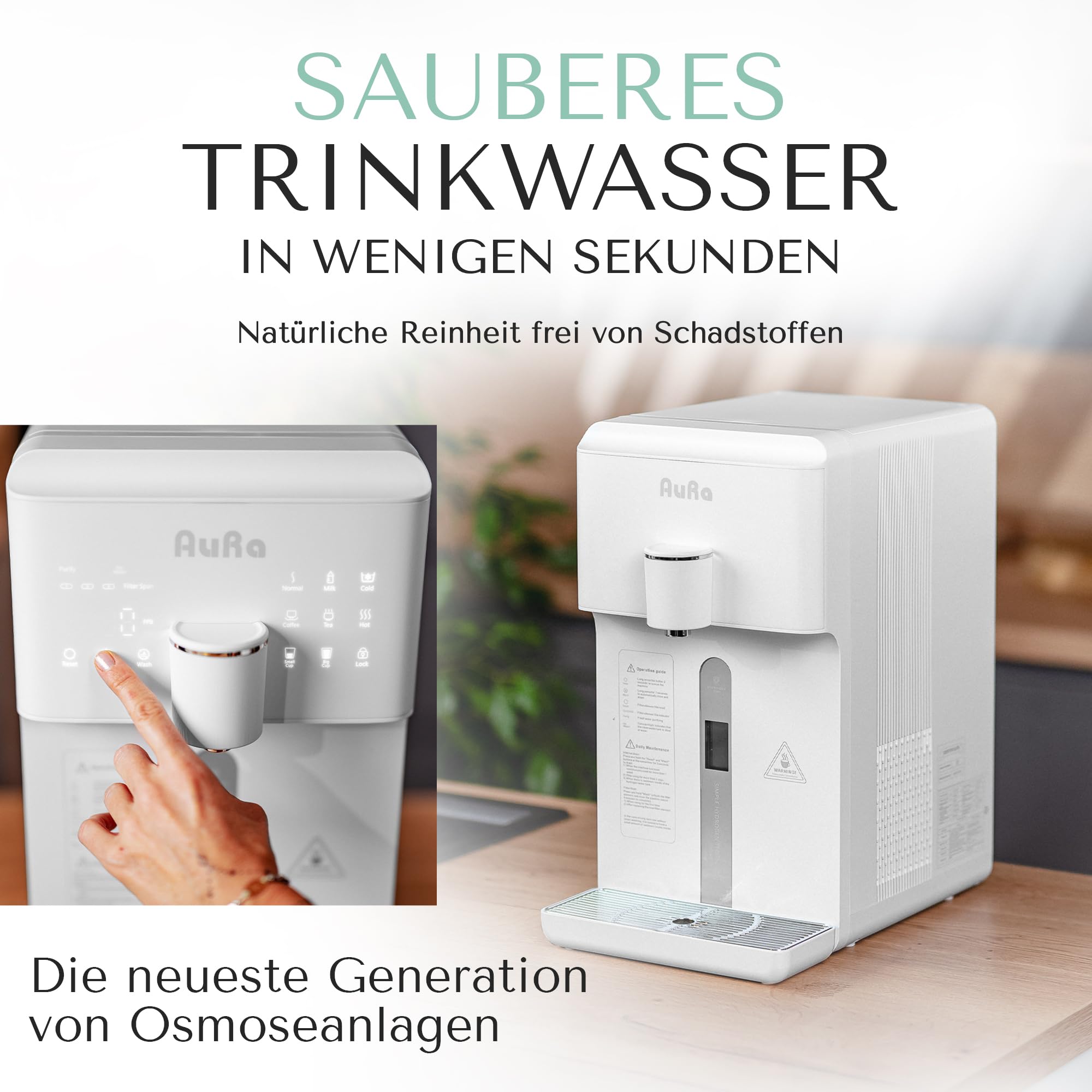 AuRa - Sistema de ósmosis para agua potable [sin depósito] - Filtro espacioso y dispensador de agua caliente