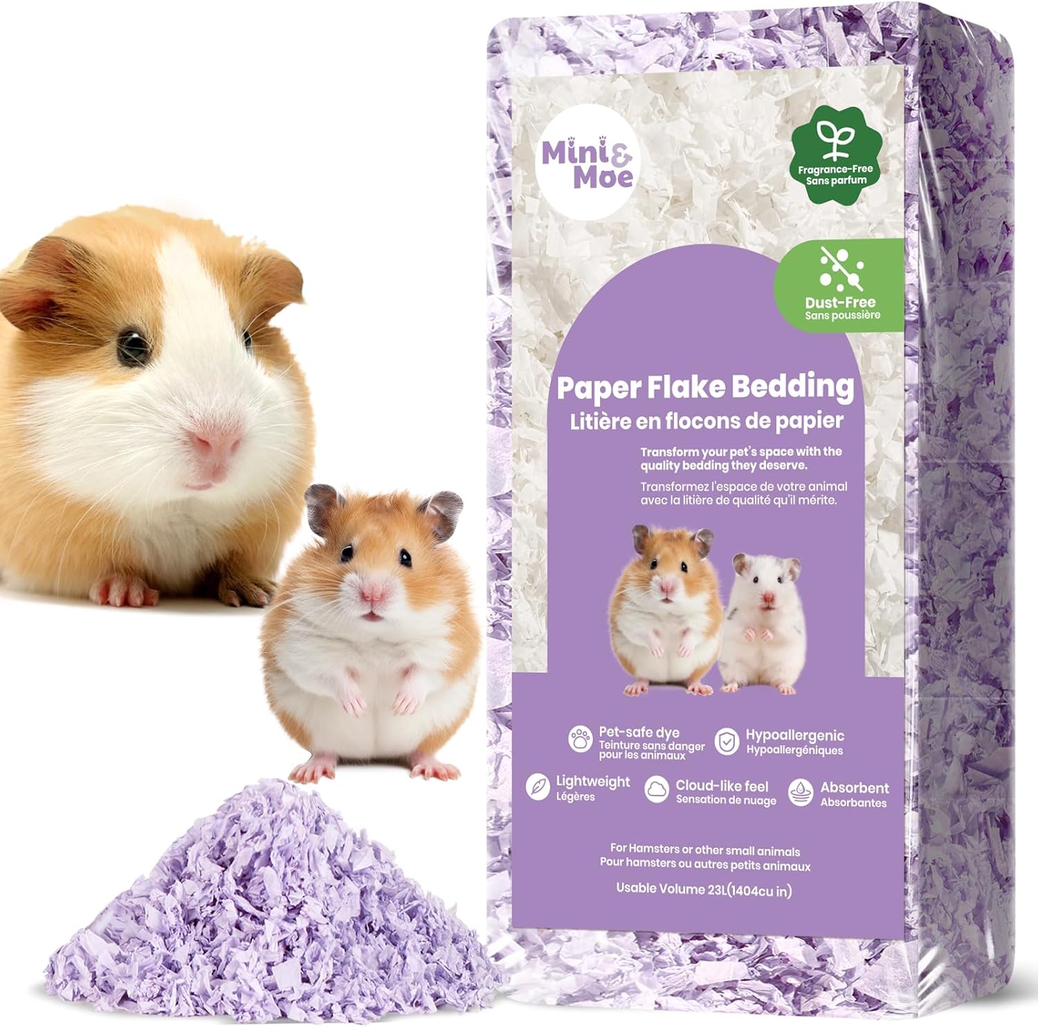 mini&moe Hamster Bedding: Dust-Free and Odor Control Moisture Absorbent Natural Paper Small Pet Bedding – for Guinea Pigs, Hamsters, and Rabbits, 12 Liters
