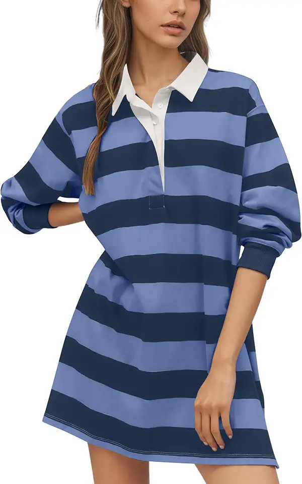 Msbesyor Women Striped Polo Sweatshirt Dress Long Sleeve Oversized Collared Pullover Button Front Casual Mini Dresses Navy Blue