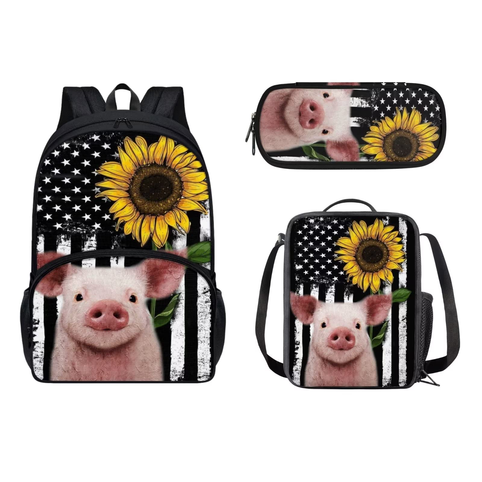 POLERO Mochila escolar de caballos para niños, juego de bolsas de almuerzo, estuche para lápices, 3 piezas, bolsas escolares, Bandera de Estados Unidos cerdo girasol, Talla única, Mochila infantil