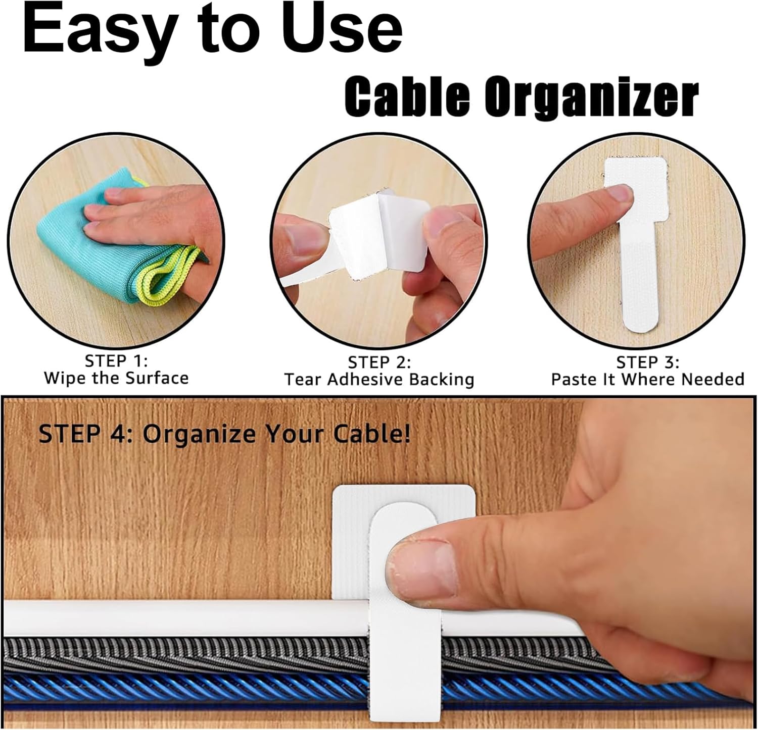 20pcs Zip Ties, Self-Adhesive Hook and Loop Cable Straps, Cable Management Under Desk, Household & Office Essentials（white）